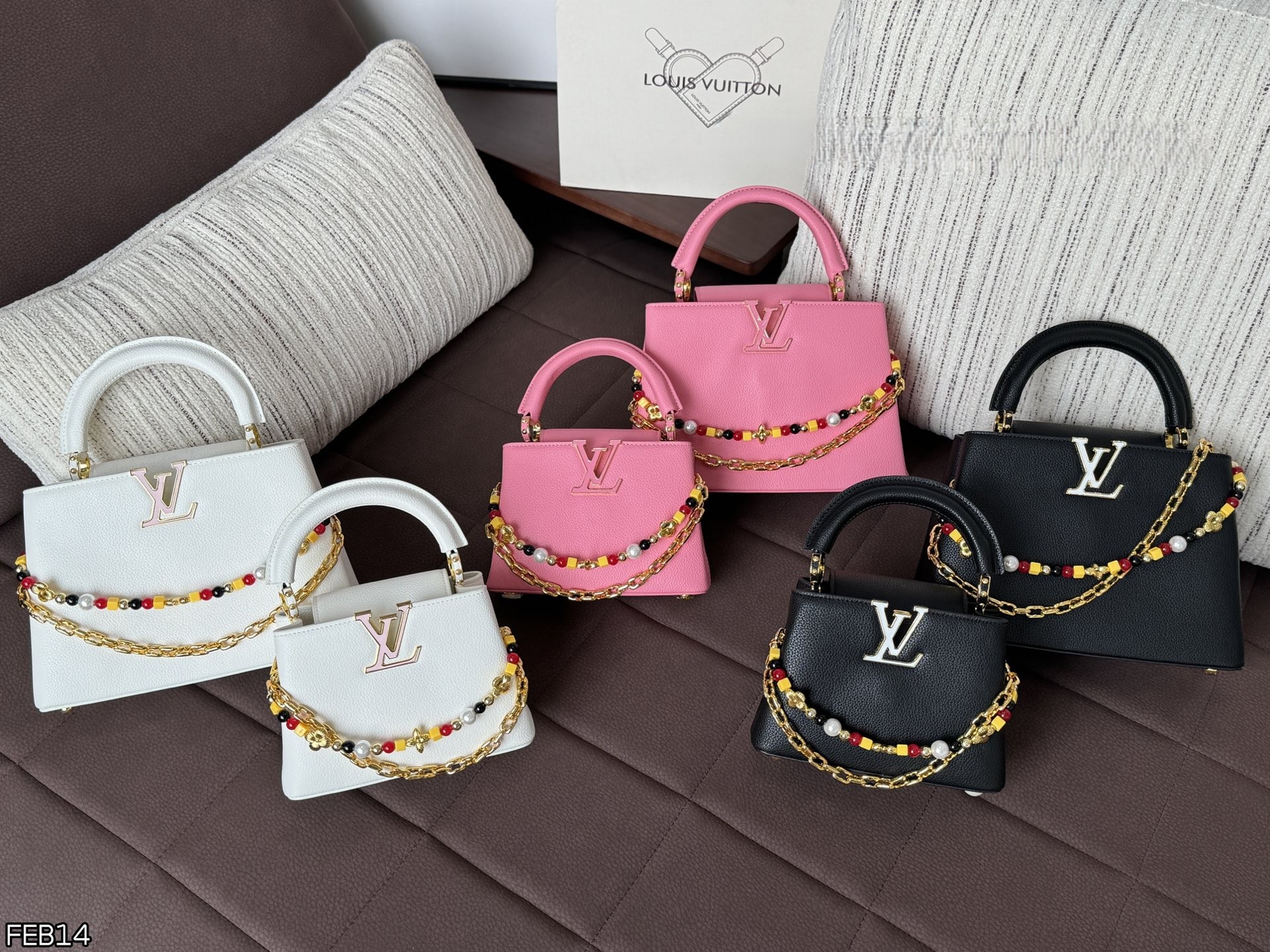 Louis Vuitton LV Capucines BB/Mini Grained Leather Enamel Logo Tri-Color Beaded Chain Top Handle Bag - KAIROO