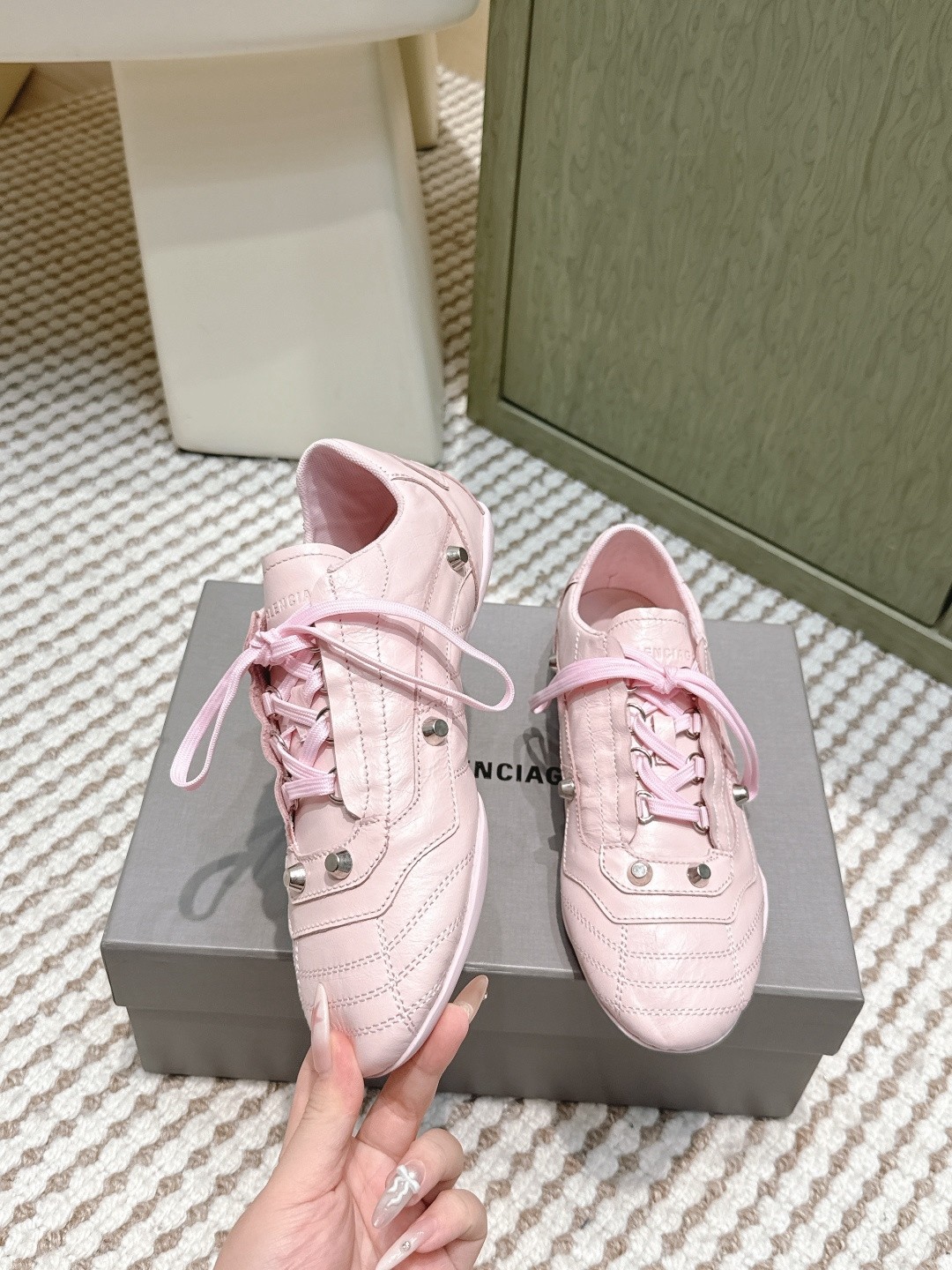 Balenciaga Cagole Light Pink Arena Studded Quilted Leather Speed GAT Sneakers - KAIROO