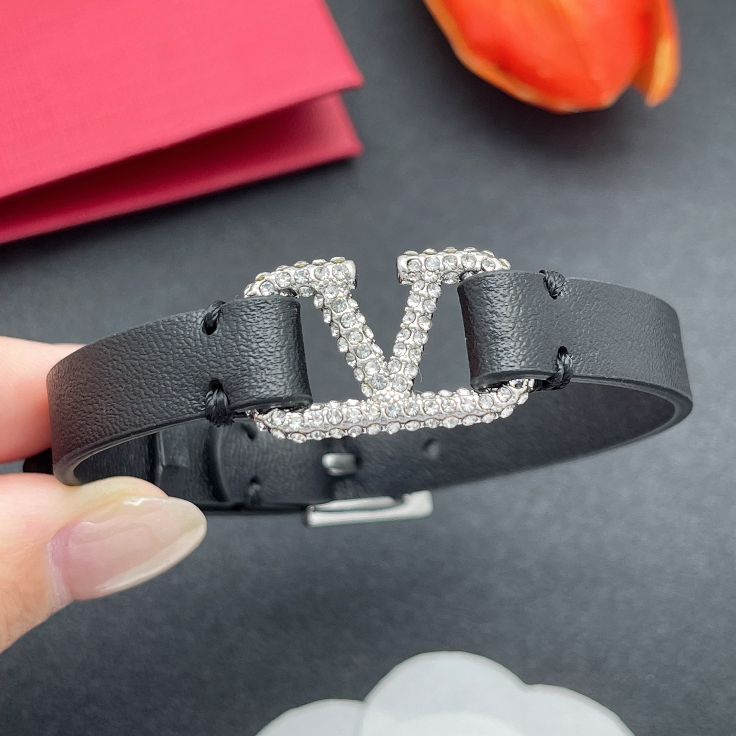 Valentino VLogo Signature Crystal Pave Adjustable Leather Strap Wrap Cuff Bracelet - KAIROO