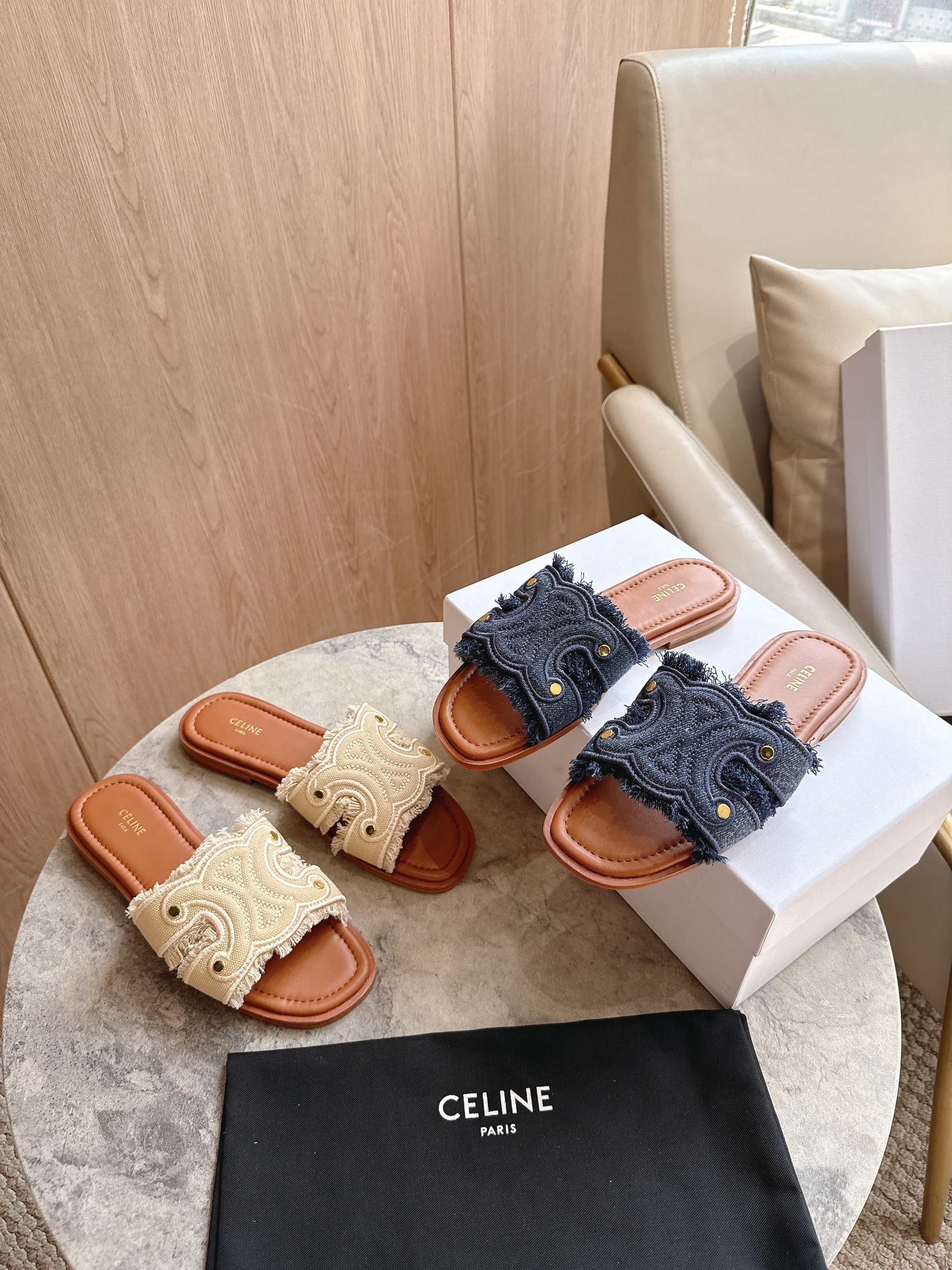 Celine Triomphe Logo Aged Gold Studs Embroidered Featuring Raw Fringe Canvas Flat Sandals - KAIROO