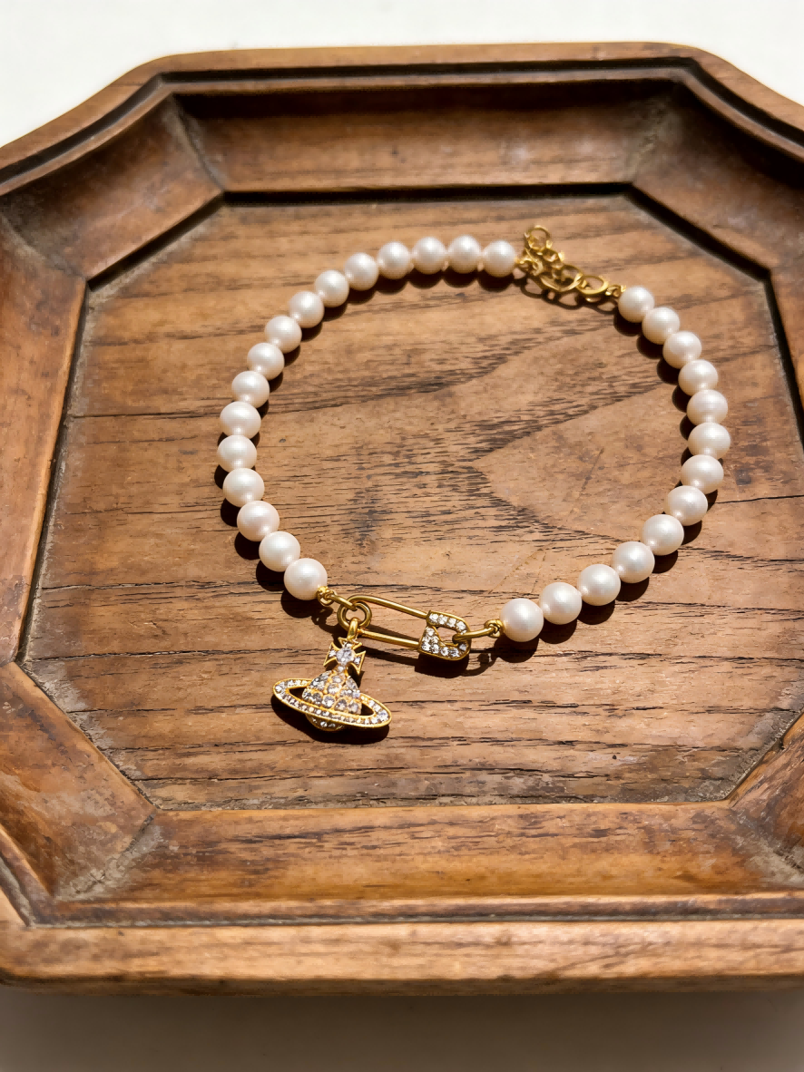 Gold-Tone Safety Pin Pearl Necklace with Rhinestone Orb Pendant | Elegant Dainty Jewelry for Women