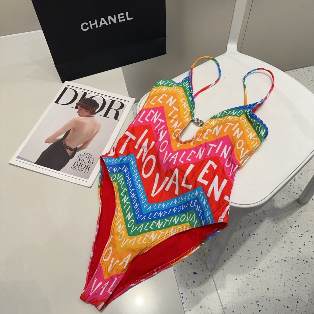 Valentino Garavani Chevron 24 Vibrant Rainbow V-pattern Deep U-neck Open Back One-piece Swimsuit - KAIROO