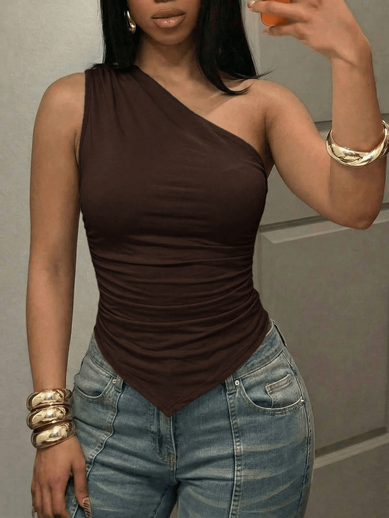 Women's Dark Brown One-Shoulder Pleated Hem Top