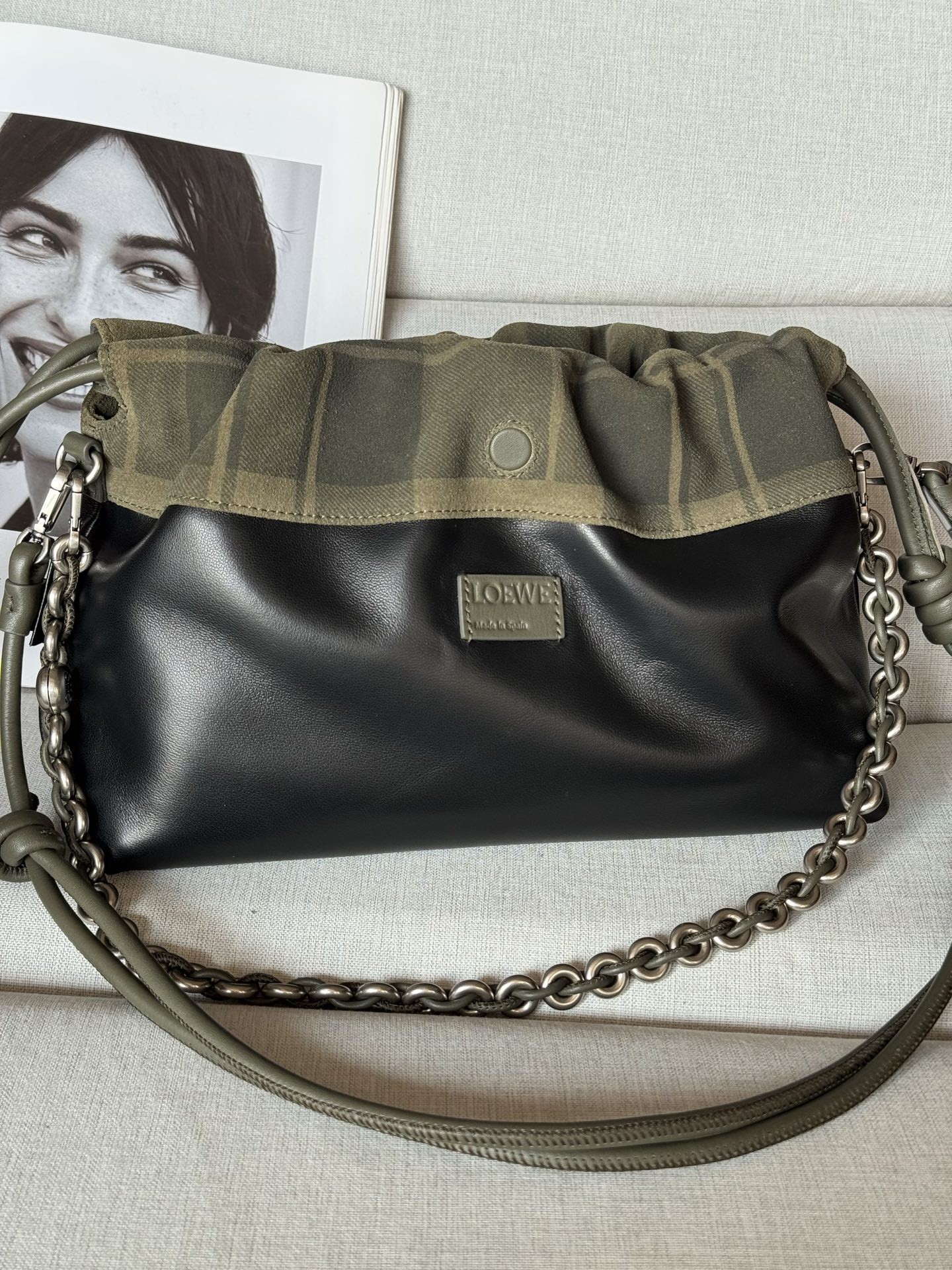 Loewe Green Plaid Mixed Black Nappa Leather Drawstring Reversible Shoulder Flamenco Purse Bag - KAIROO