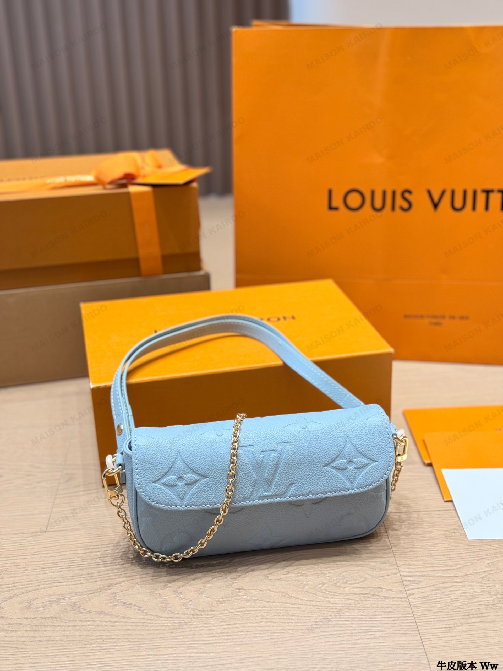 Louis Vuitton LV Ivy WOC Blue Monogram Empreinte Embossed Leather Baguette Hobo Shoulder Bag - KAIROO