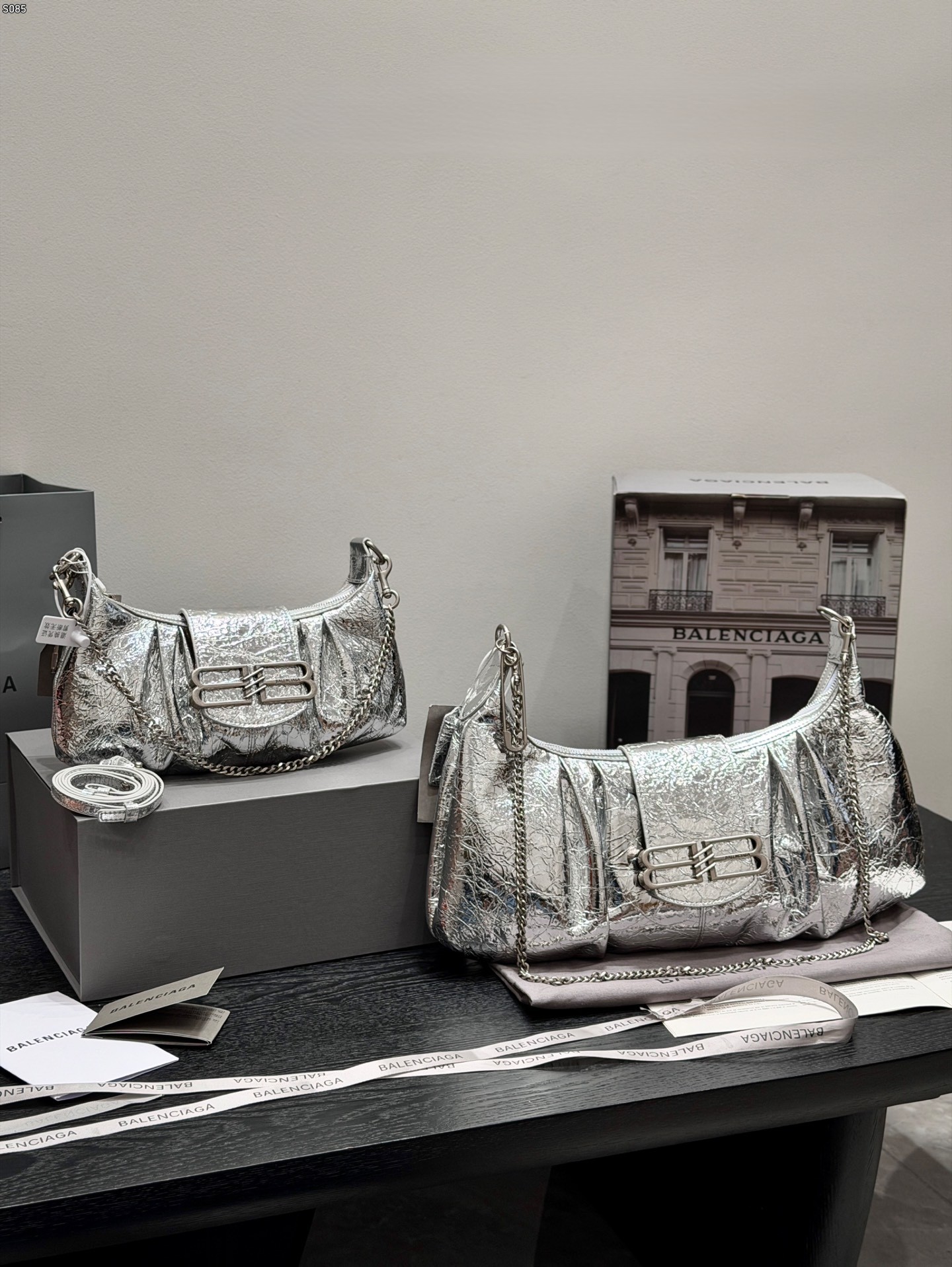 Balenciaga Black & Silver BB Logo Turn-Lock Soft Crinkled Leather Chain Pamela Safety Pin Shoulder Hobo Bag - KAIROO