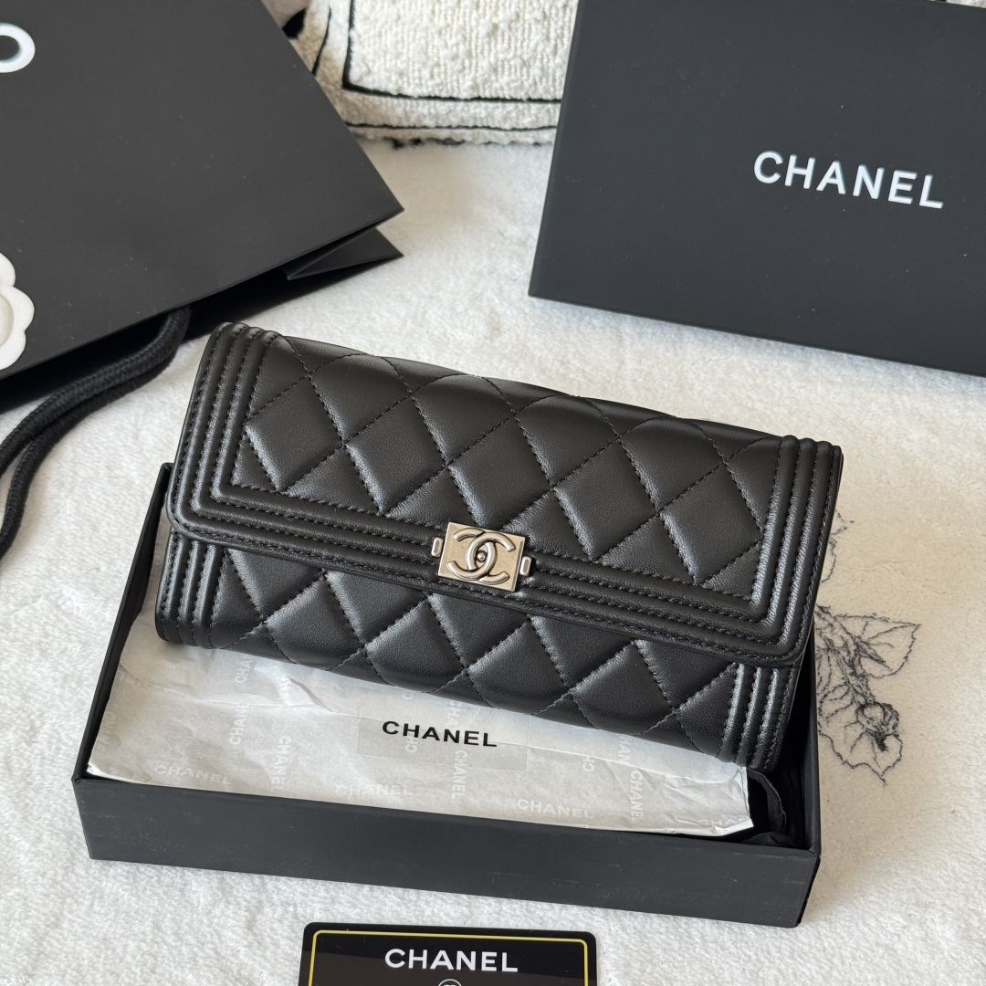 Chanel Boy Long Wallet in Black Lambskin