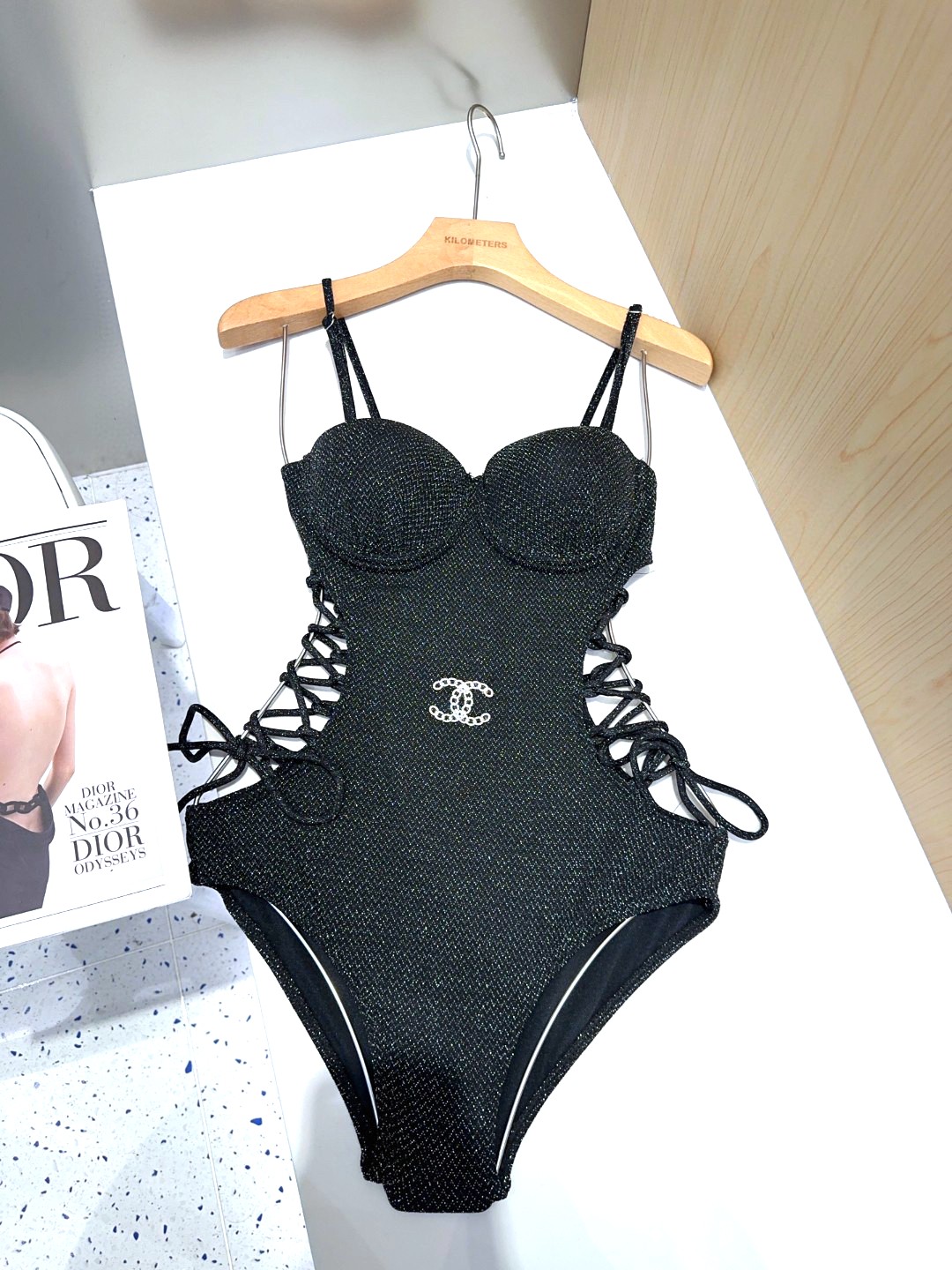 Chanel Crystal Black Glitter Lace-Up Cutout Details One-Piece Swimsuit - KAIROO