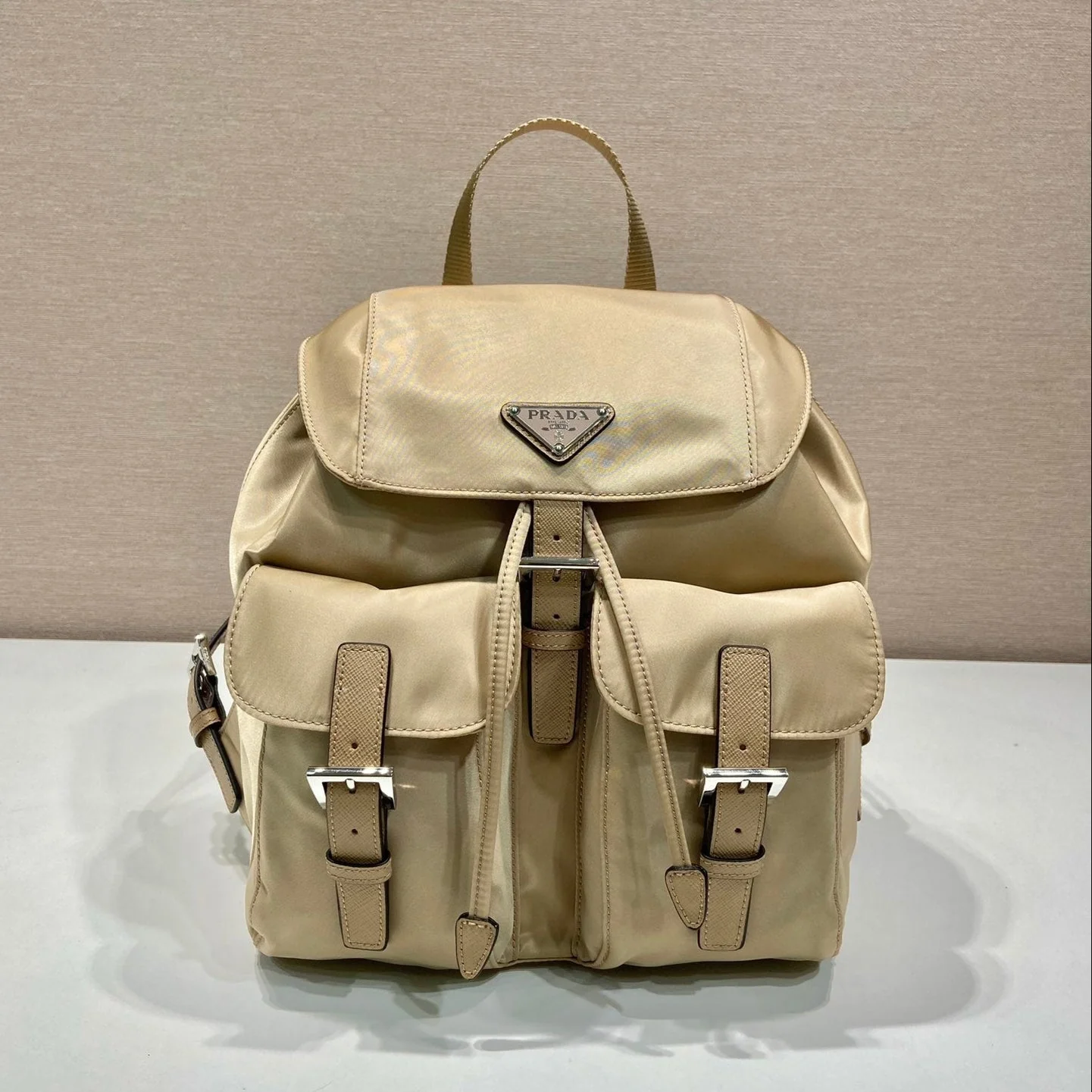 Prada  SMALL BACKPACK 28 IN SHOELACE BEIGE PARACHUTE FABRIC