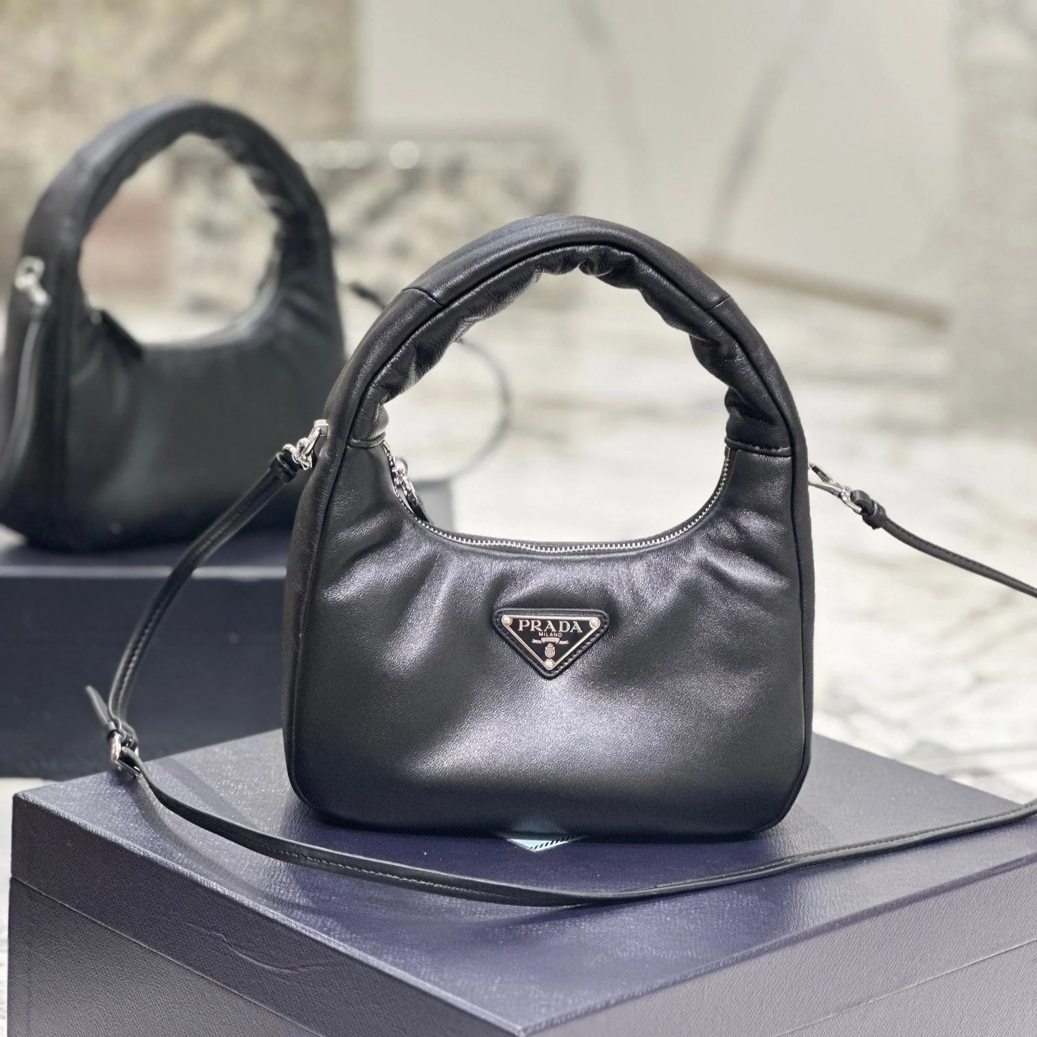 Prada HOBO BAG 21 IN BLACK SOFT LAMBSKIN