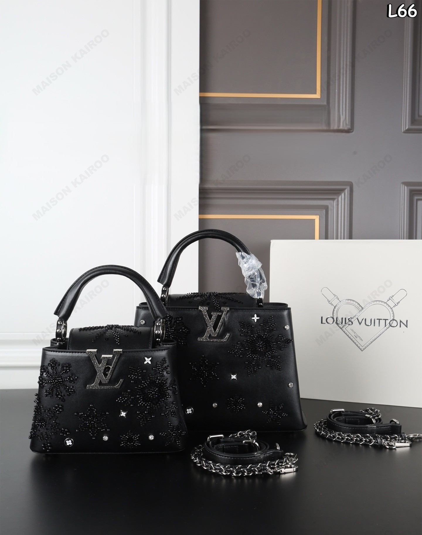 Louis Vuitton LV Capucines BB/Mini Black Snowflake Beaded Embroidery Smooth Leather Top Handle Bag - KAIROO