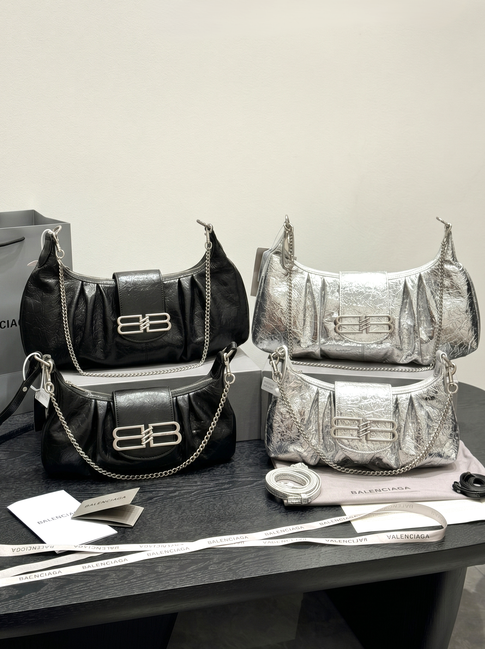 Balenciaga Black & Silver BB Logo Turn-Lock Soft Crinkled Leather Chain Pamela Safety Pin Shoulder Hobo Bag - KAIROO