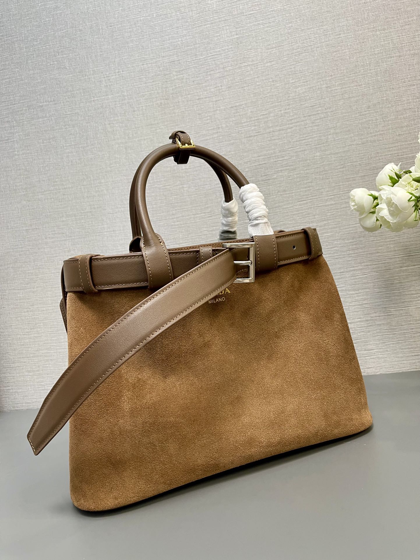 Prada MEDIUM TOTE BAG WITH 35 IN RUSSET BROWN SUEDE