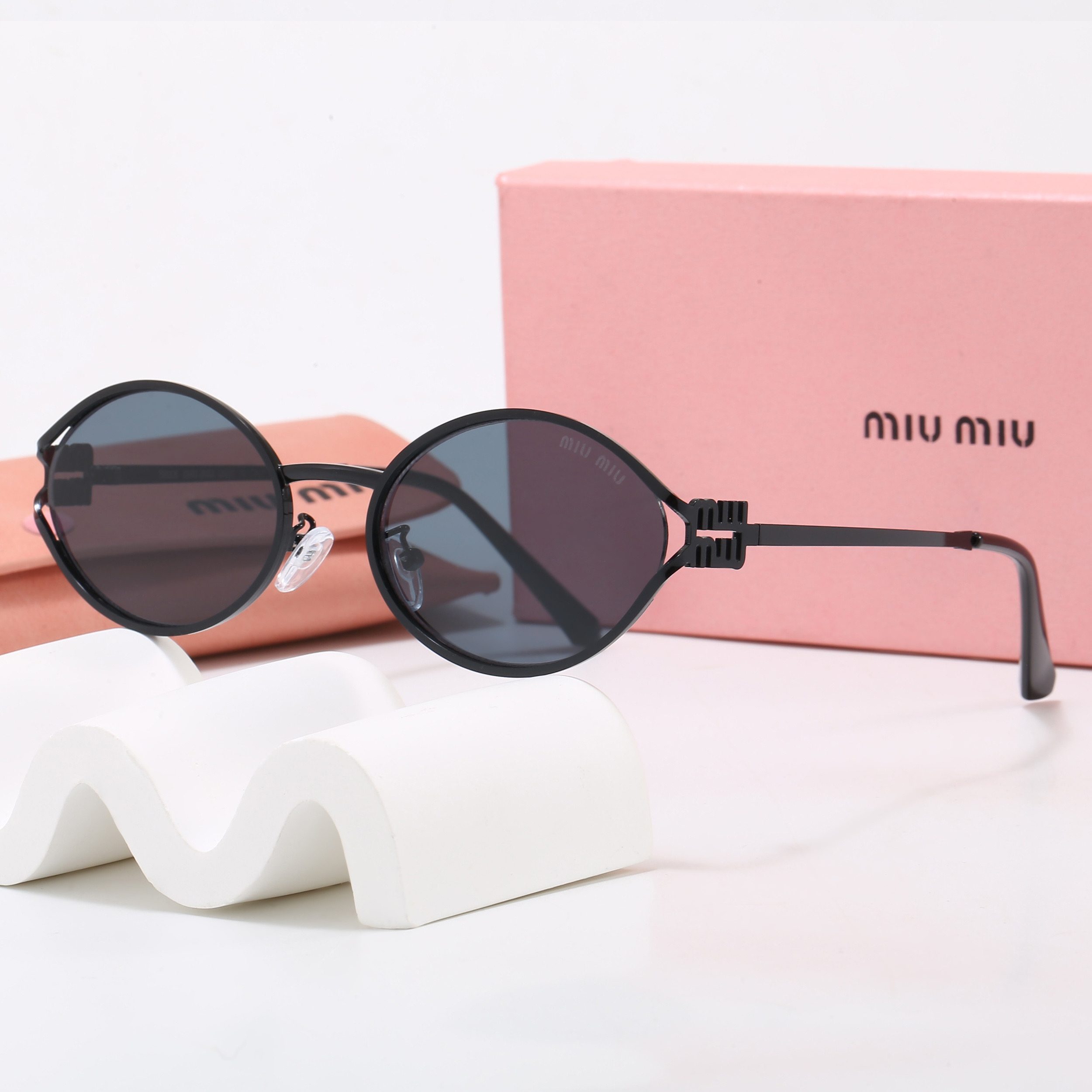 Miu Miu Slim Metal Cut Out Frame Classic Logo Glimpse Oval Sunglasses - KAIROO