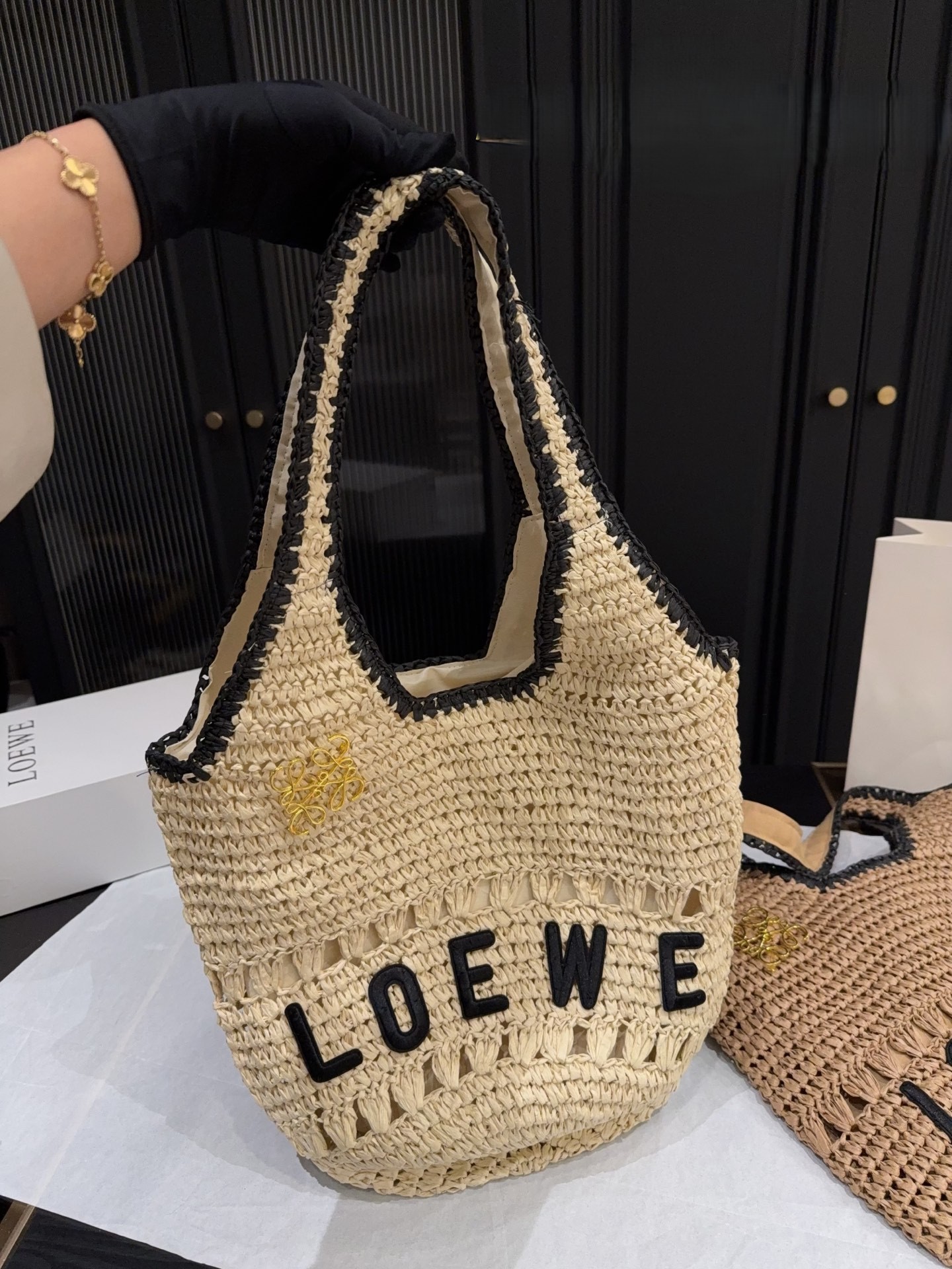 Loewe Paula's Ibiza Raffia Woven Anagram Brooch Contrast  Handle Basket Slouchy Hobo Tote Bag - KAIROO
