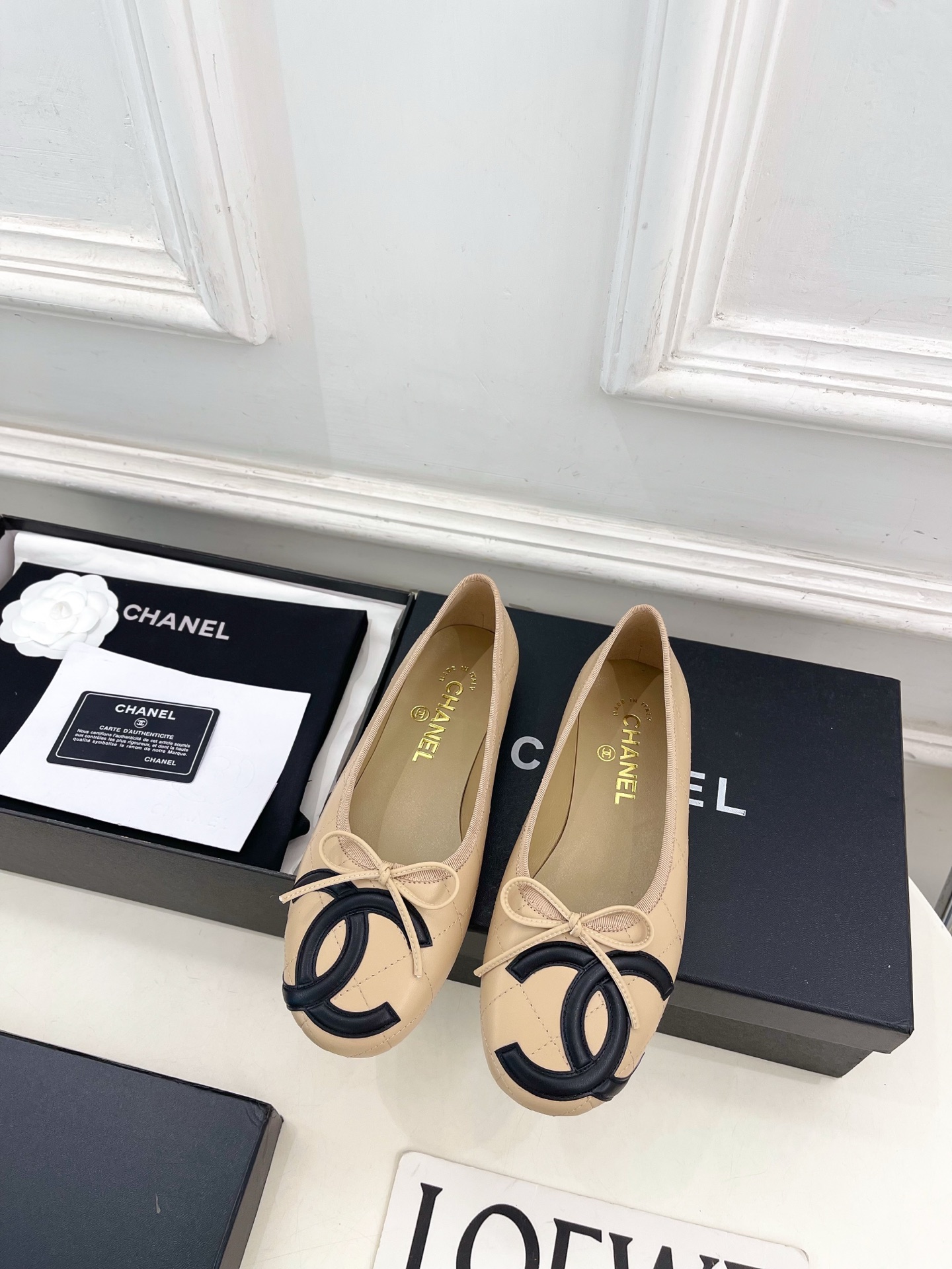 Chanel Lambskin Ballet Shoes in Beige/Black