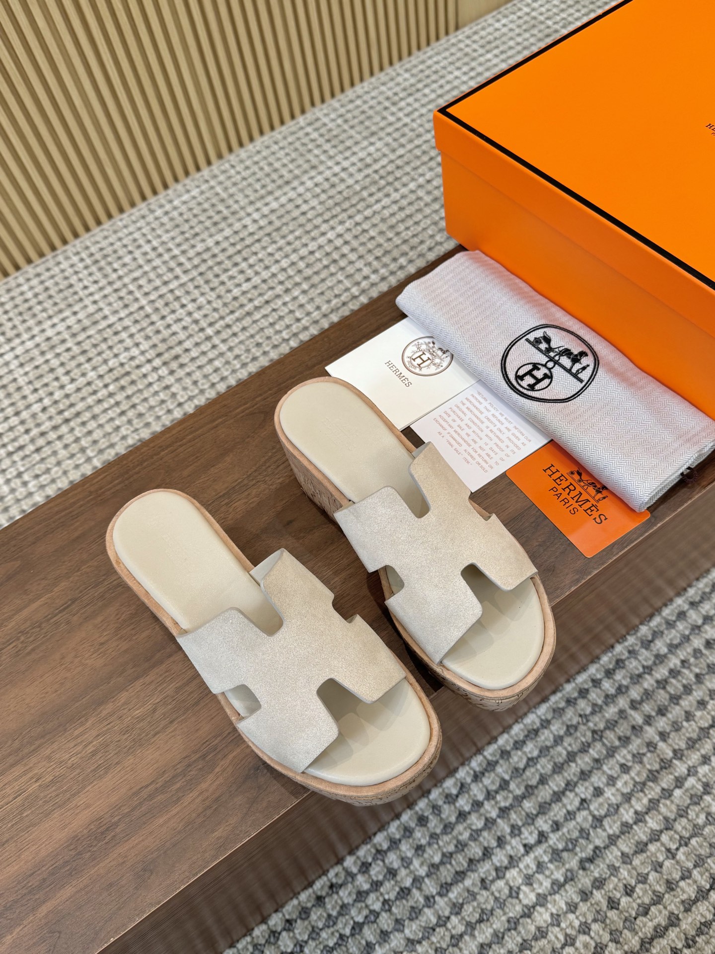 Hermes Light gray Suede Leather H-Cutout Cork Sole Slide Sandal - KAIROO