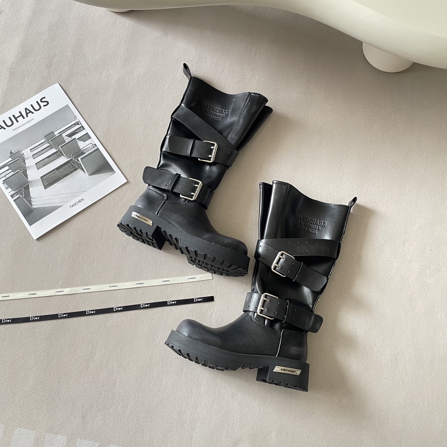 Balenciaga Strike Black Leather Multi-Buckle Strap Embossed Logo Moto Tall Combat Boots - KAIROO