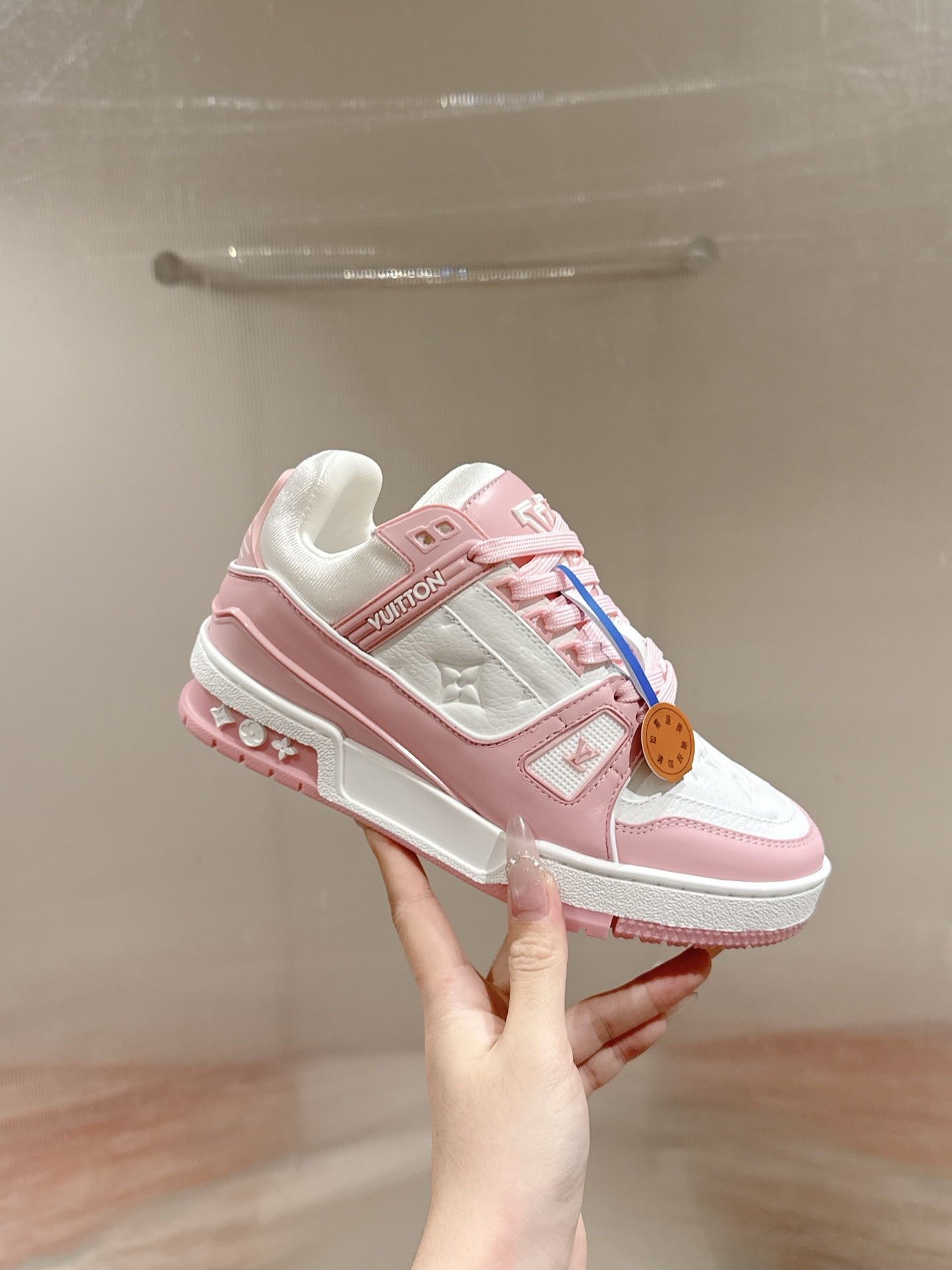 Louis Vuitton Pink Monogram Embossed Grained Leather Trainer Low Top Sneaker - KAIROO