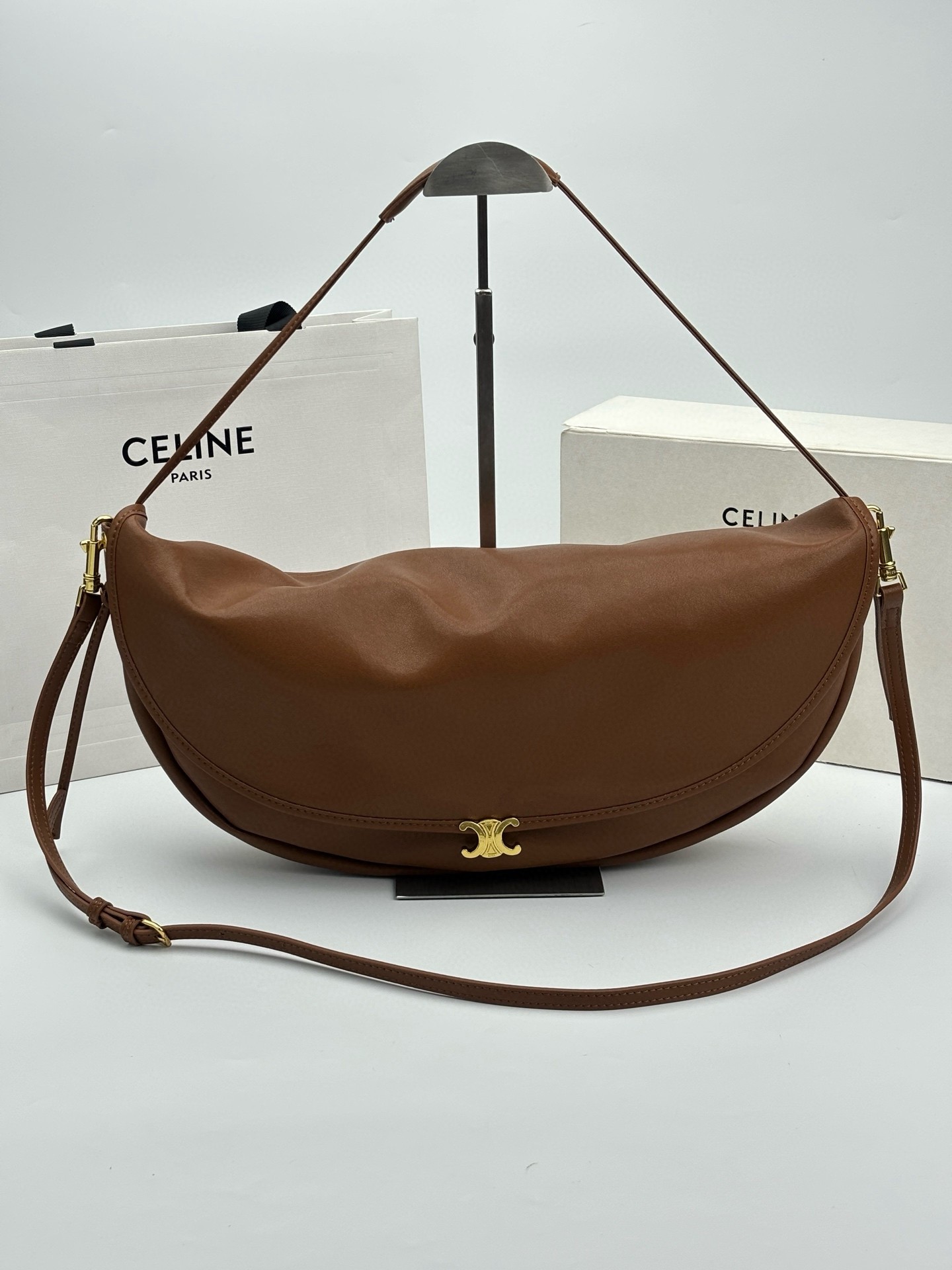 Celine Oversized Minimalist Gold Triomphe Lether Heloise Half Moon Hobo Bag - KAIROO