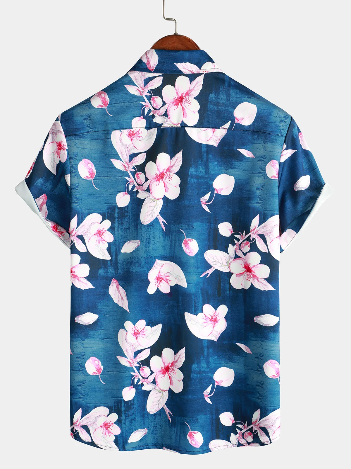 Men's Navy Blue Floral Print Casual Lapel Button-Up Summer Short Sleeve Shirt