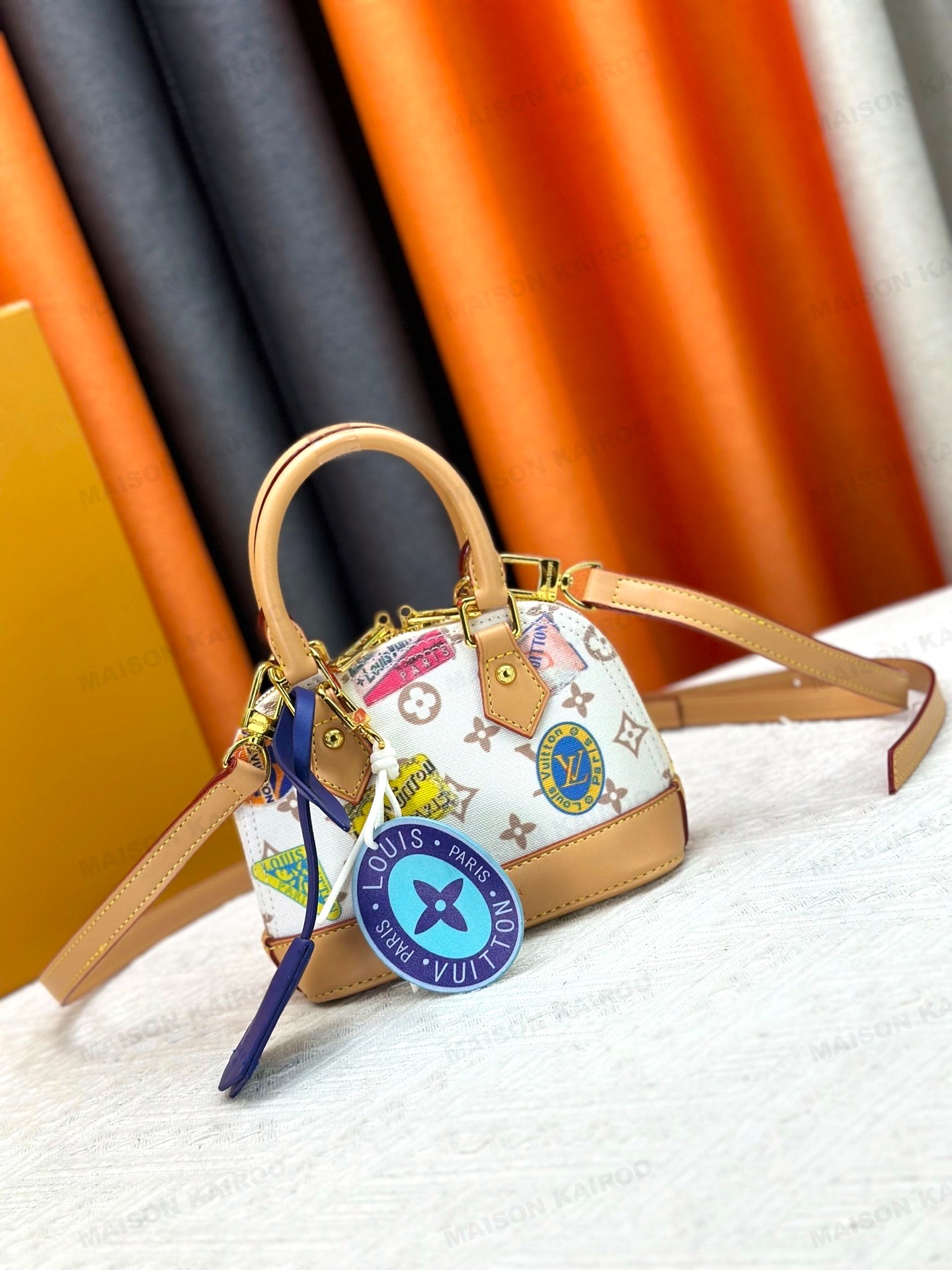 Louis Vuitton LV Alma Nano & BB White Monogram Canvas Travel Sticker Print Dome Top Handle Crossbody Bag - KAIROO