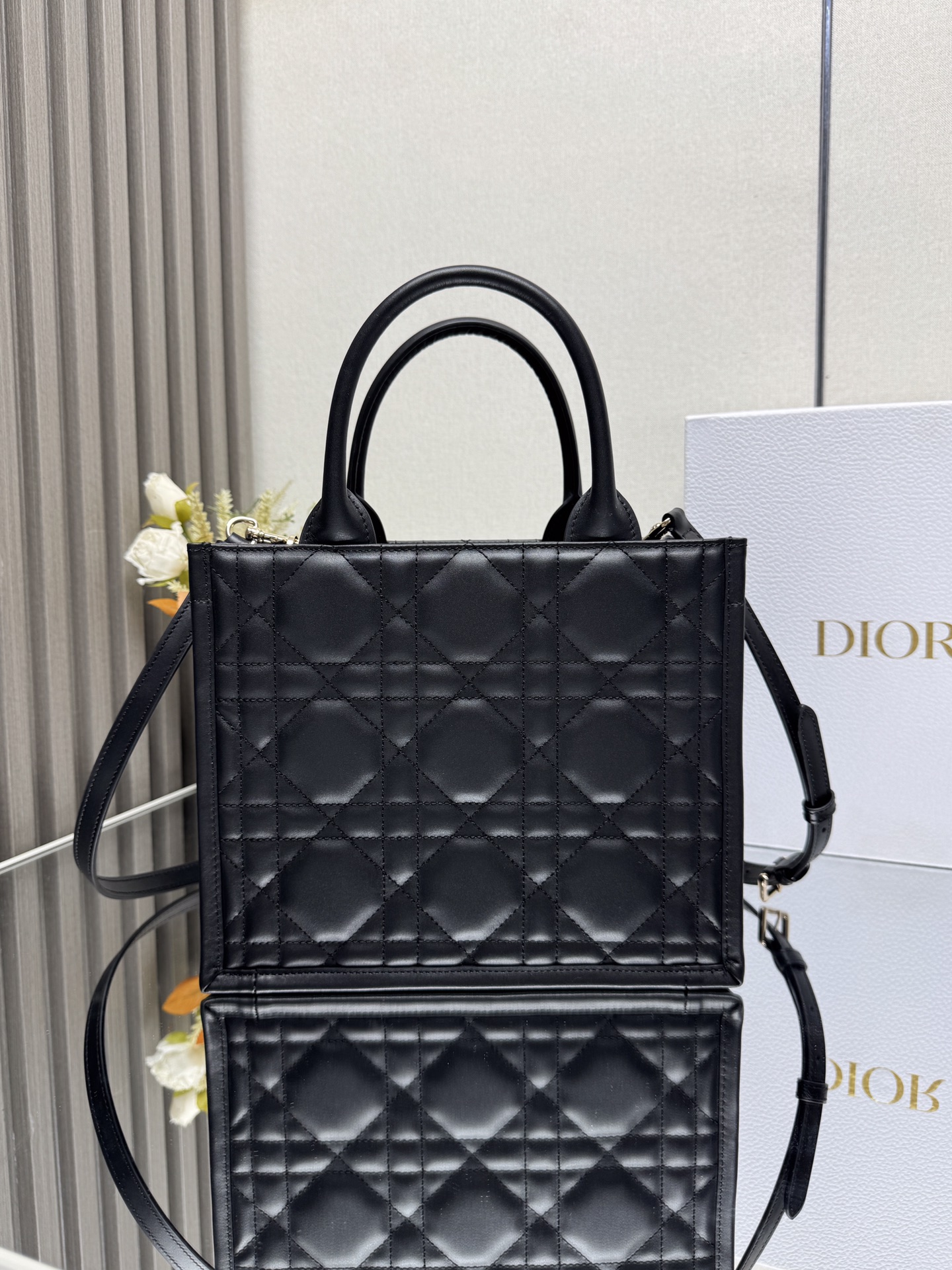 Dior Small Black Leather Book Tote with shoulder strap