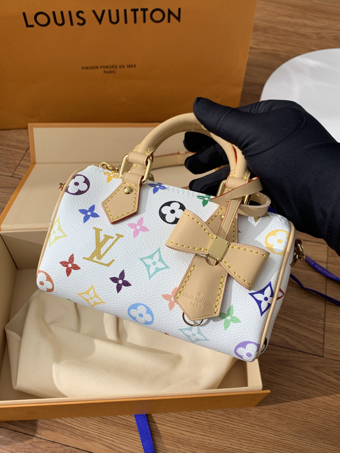 【15A  Master Version】Louis Vuitton x Takashi Murakami Nano Speedy 16 Multicolor White Boston Top Handle Bag - KAIROO