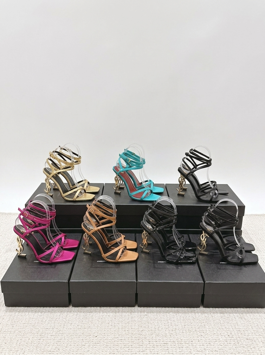 Saint Laurent Satin/Patent/Smooth Leather Square Toe Crisscross Strappy Cassandre YSL Logo Opyum Heel Sandals - KAIROO