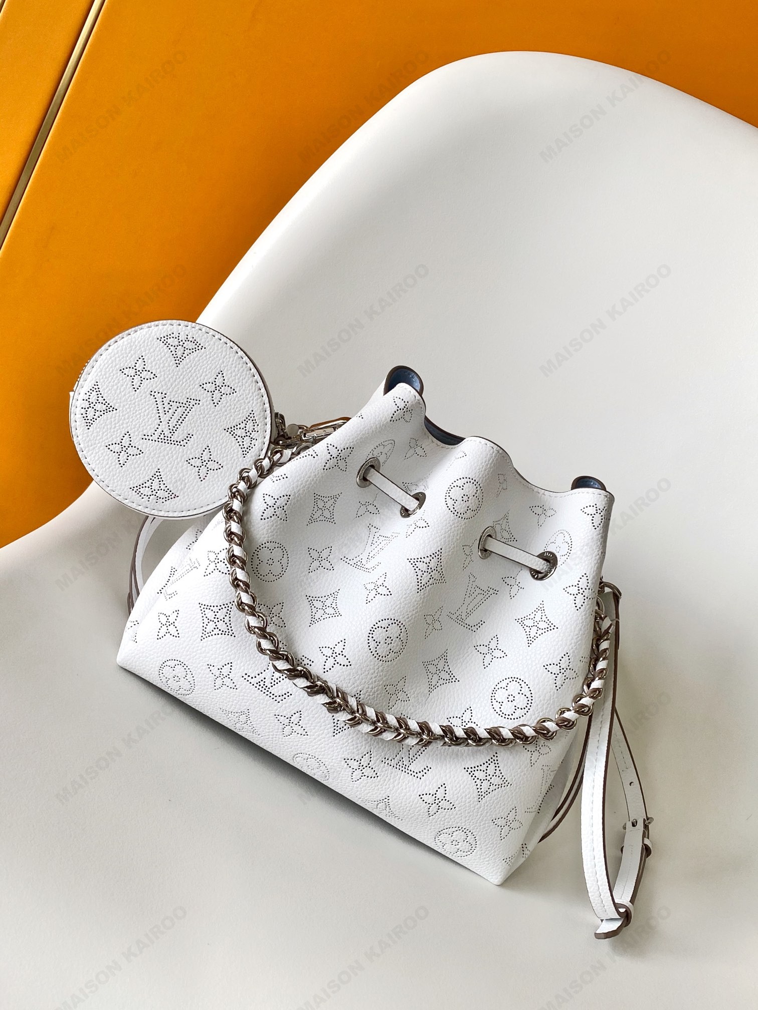 【10A】Louis Vuitton LV Mahina Bella White Perforated Monogram Leather Drawstring Bucket Shoulder Bag - KAIROO