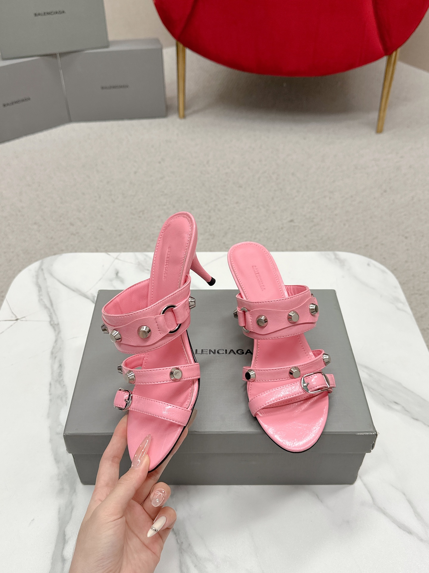 Balenciaga Cagole Pink Leather Studded Buckle Strap Pointed Toe Kitten Mules Heels /Top Version - KAIROO