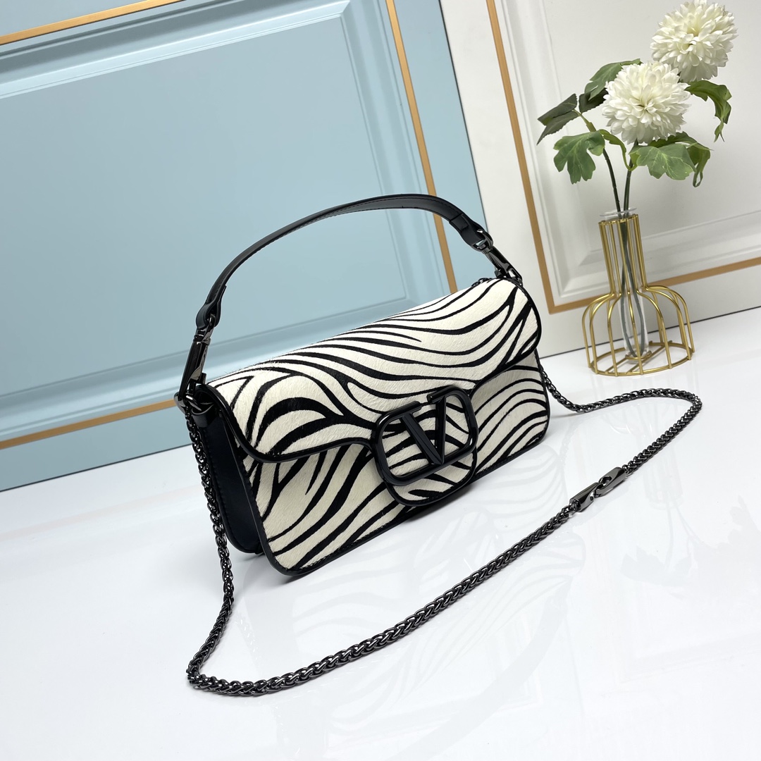 Valentino Locò Zebra Print Pony Effect Leather VLogo Signature Chain Baguette Shoulder Bag - KAIROO