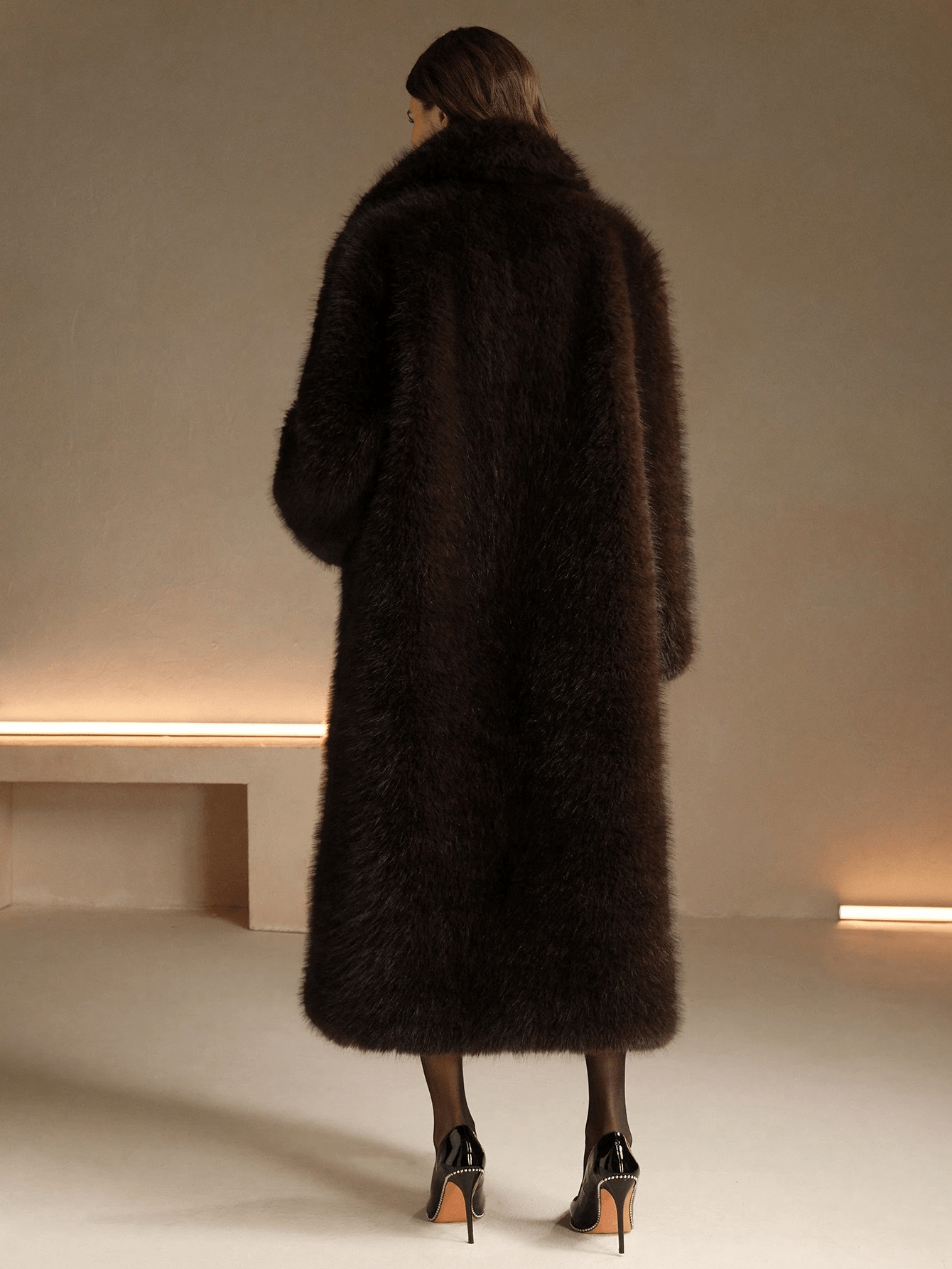 Women Faux Fur Trim Long Elegant Winter Coat