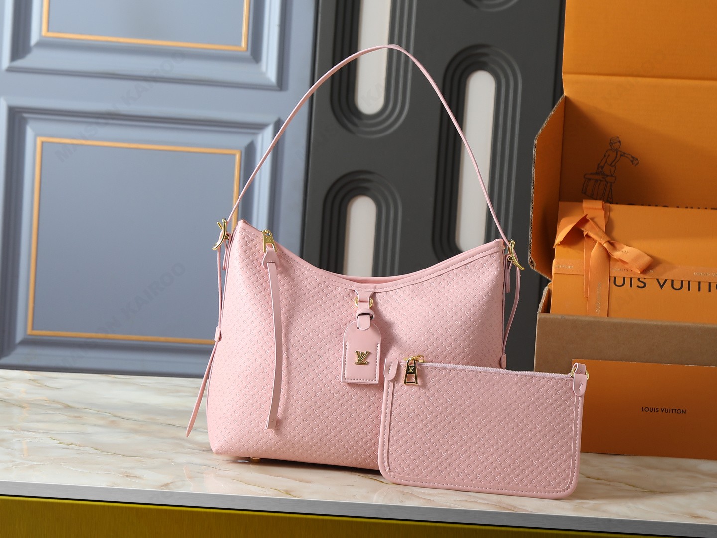 Louis Vuitton LV Carryall PM Dense Micro Monogram Embossed Leather Hobo Tote Shoulder Bag With Pouch - KAIROO