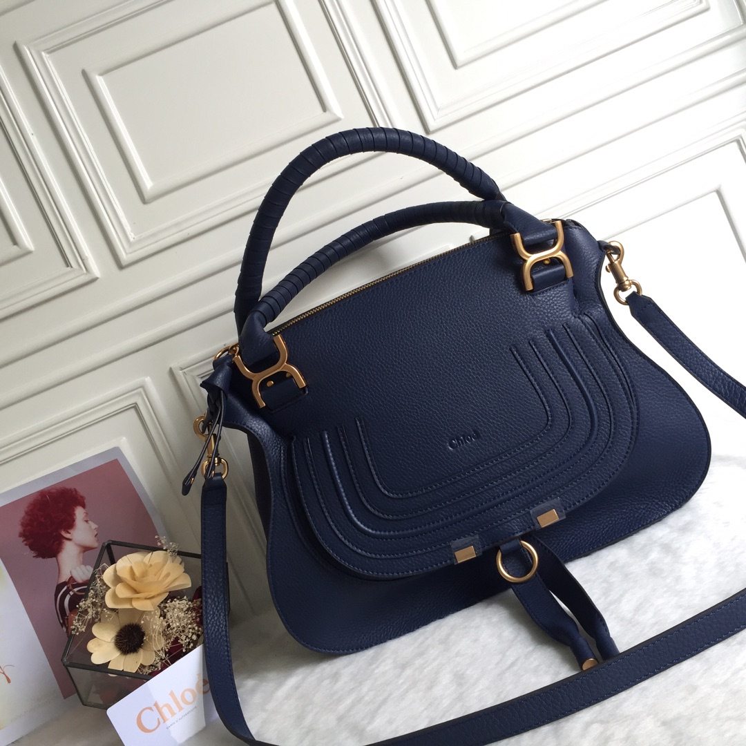 Chloe Large Marcie Bag in Grained Calfskin-Navy Blue