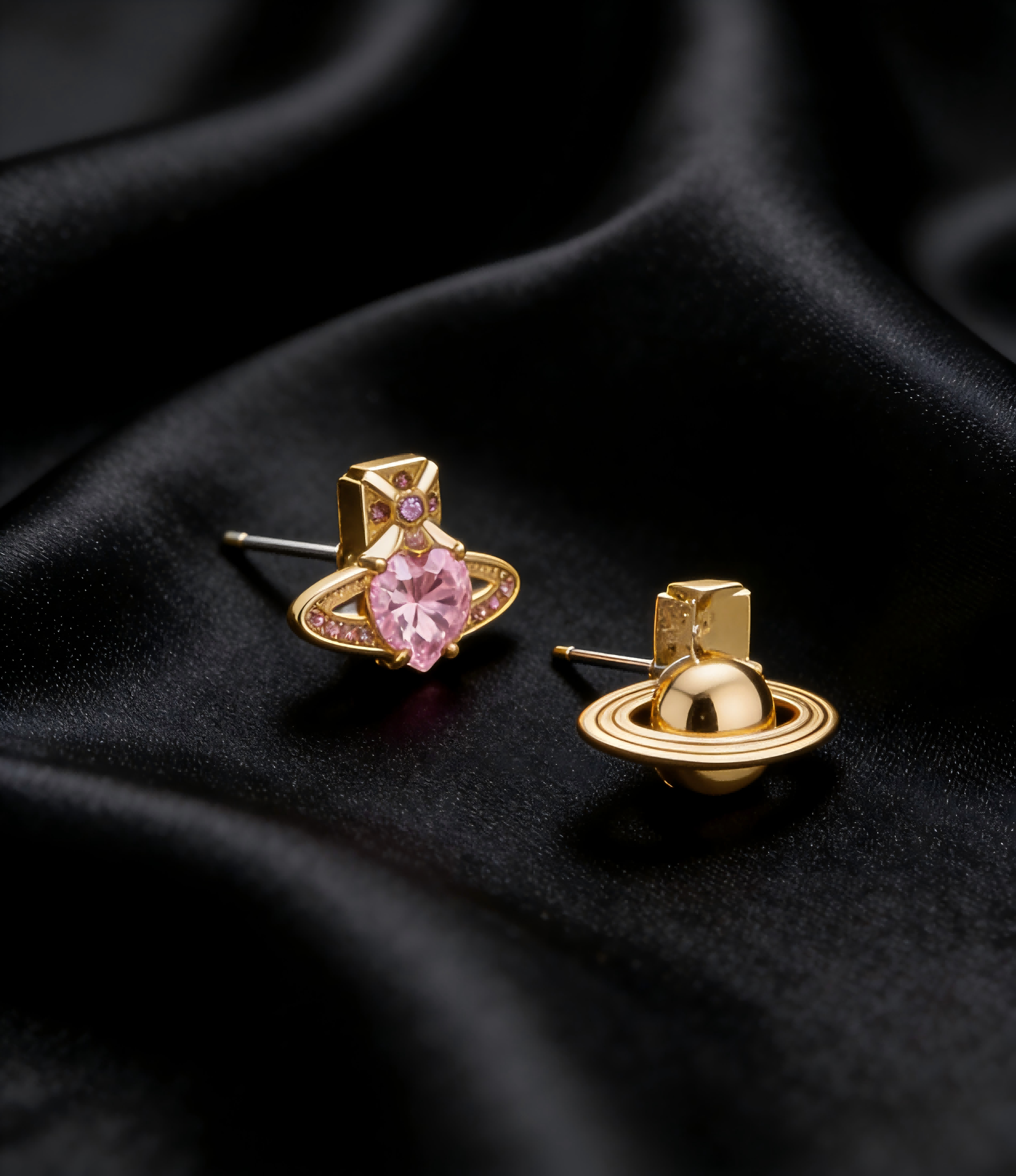 2026 New Vivienne Westwood Style Pink Heart Saturn Earrings - Dainty Gold Tone Crystal Stud Earrings for Women