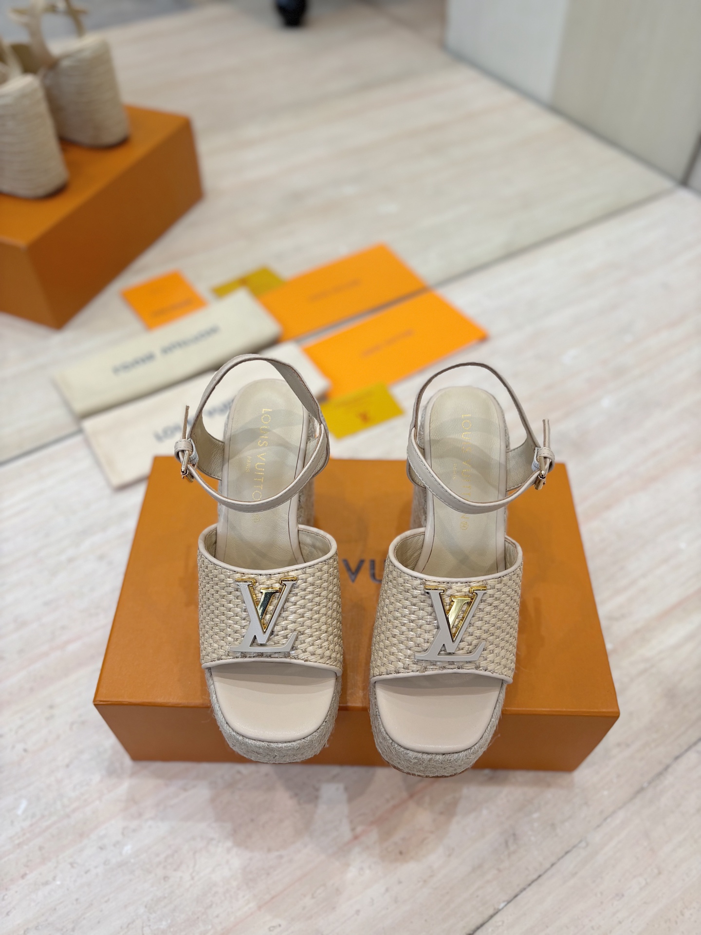 Louis Vuitton Nude Leather Metallic LV Logo Embroidered Woven Jute Wedge Ankle Strap Platform Heel Sandals - KAIROO