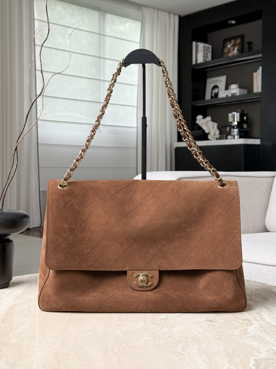 CHANEL 2026 Light Brown Maxi Flap bag in Suede Calfskin AS6234