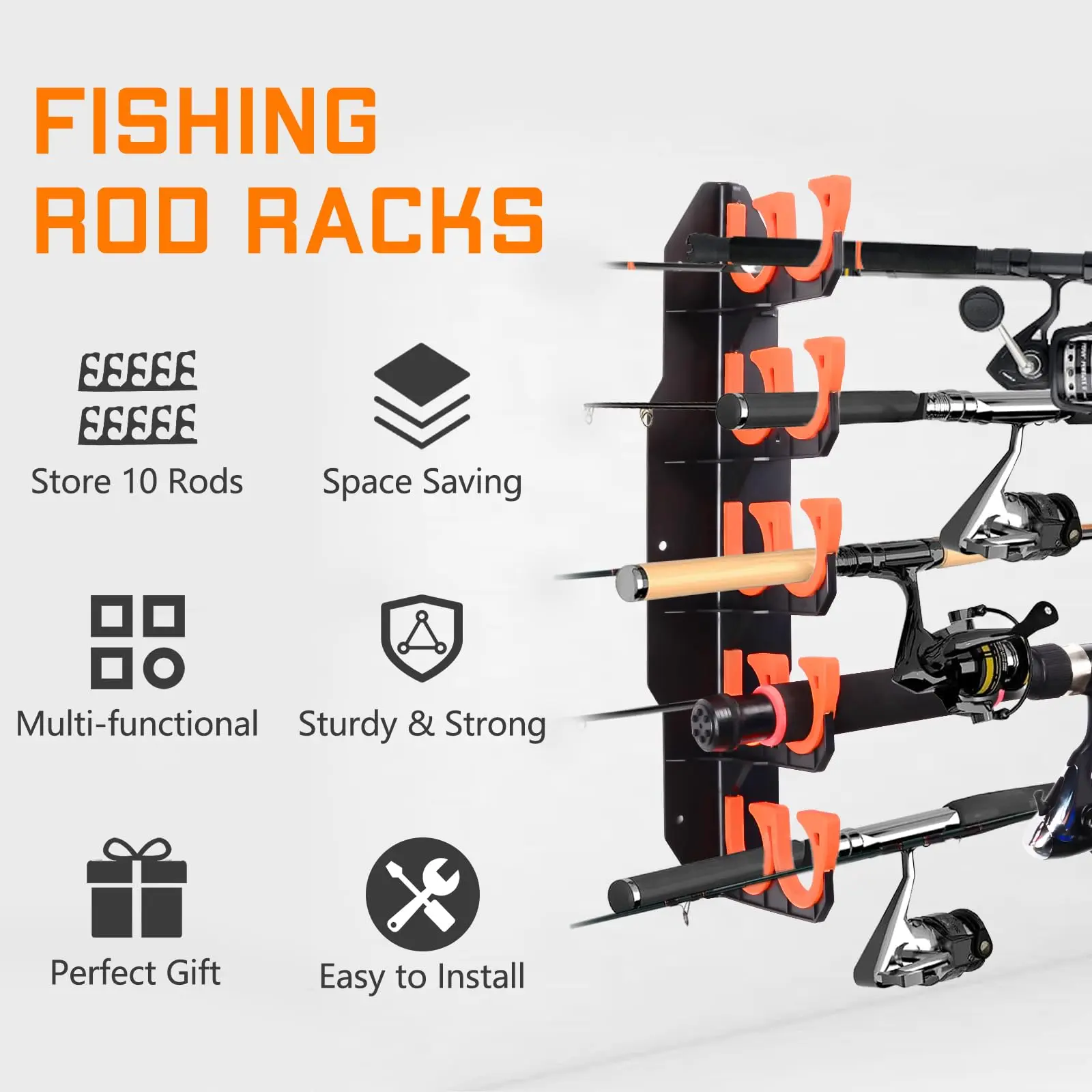 Hikeen Heavy-Duty Fishing Rod Rack - 10-Rod Wall or Ceiling Mounted Holder with Scratch-Proof Silicone Padding for Garage & Boathouse