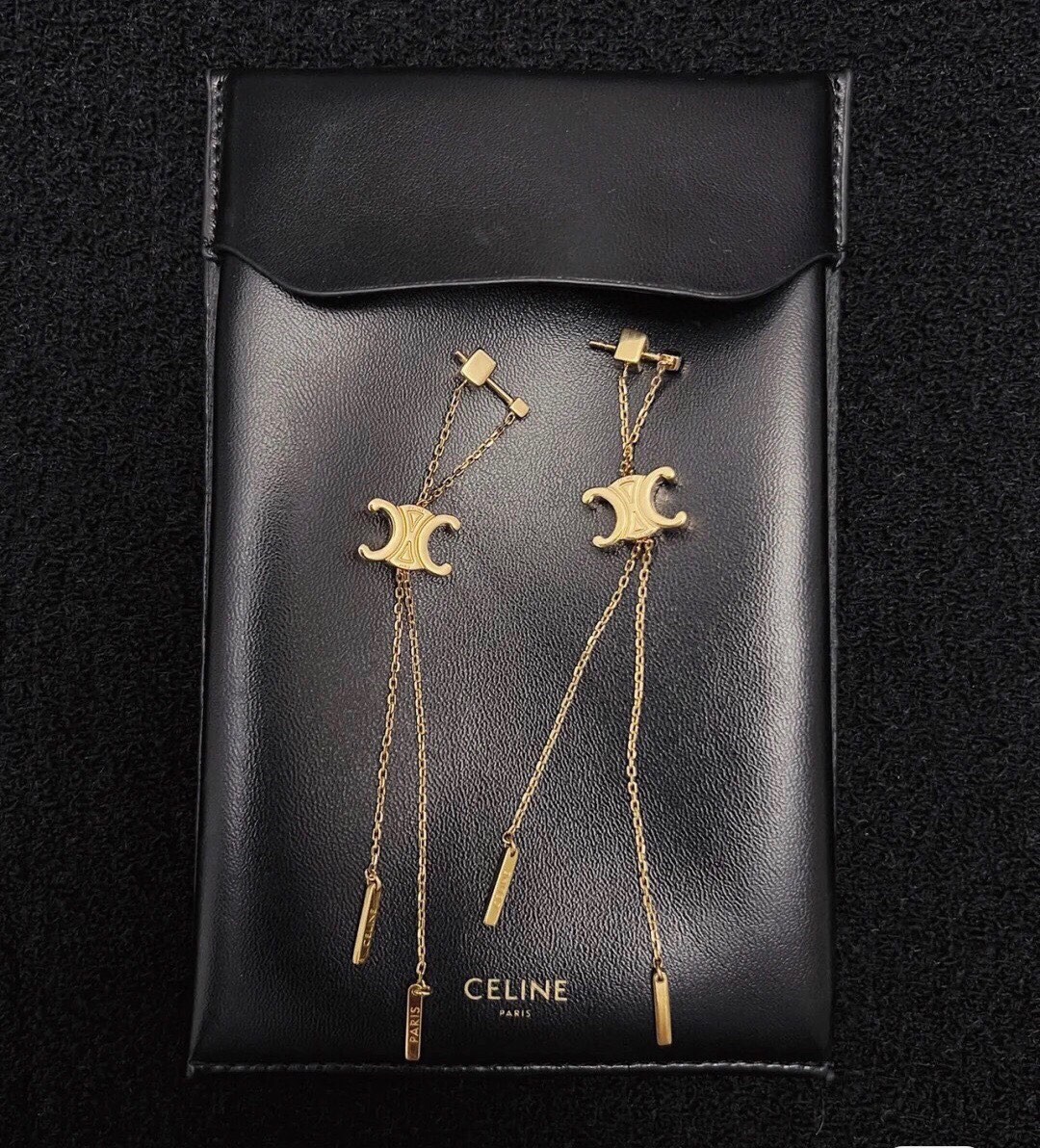 Celine Gold Triomphe Logo Multi-chain Plate Tassel Long Fringe Studs Earrings - KAIROO