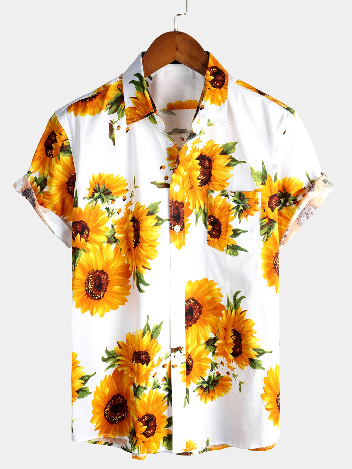 Men's Vintage Sunflower Floral Art Cotton Pocket Button-Up Short Sleeve Shirt