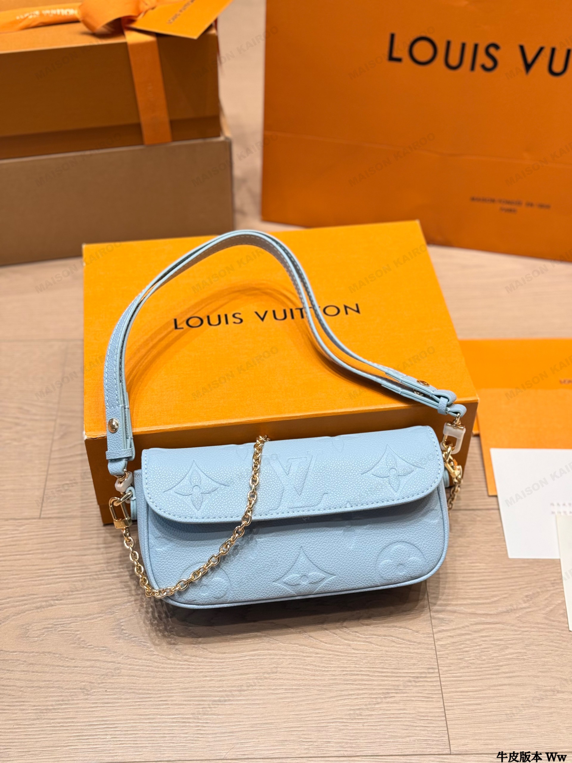 Louis Vuitton LV Ivy WOC Blue Monogram Empreinte Embossed Leather Baguette Hobo Shoulder Bag - KAIROO