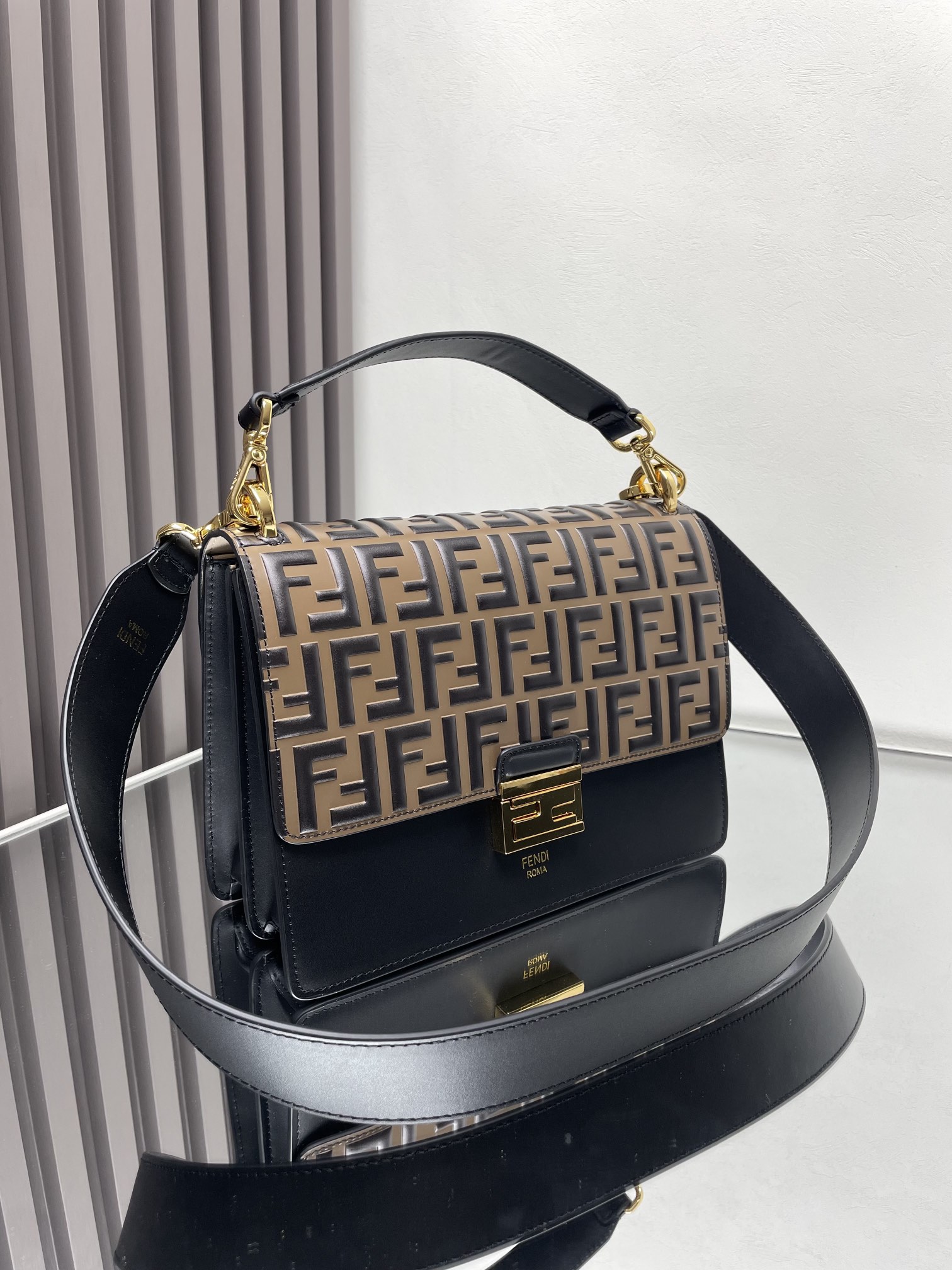 Fendi Fend1 KanU Medium Bag in Dark brown and Black leather