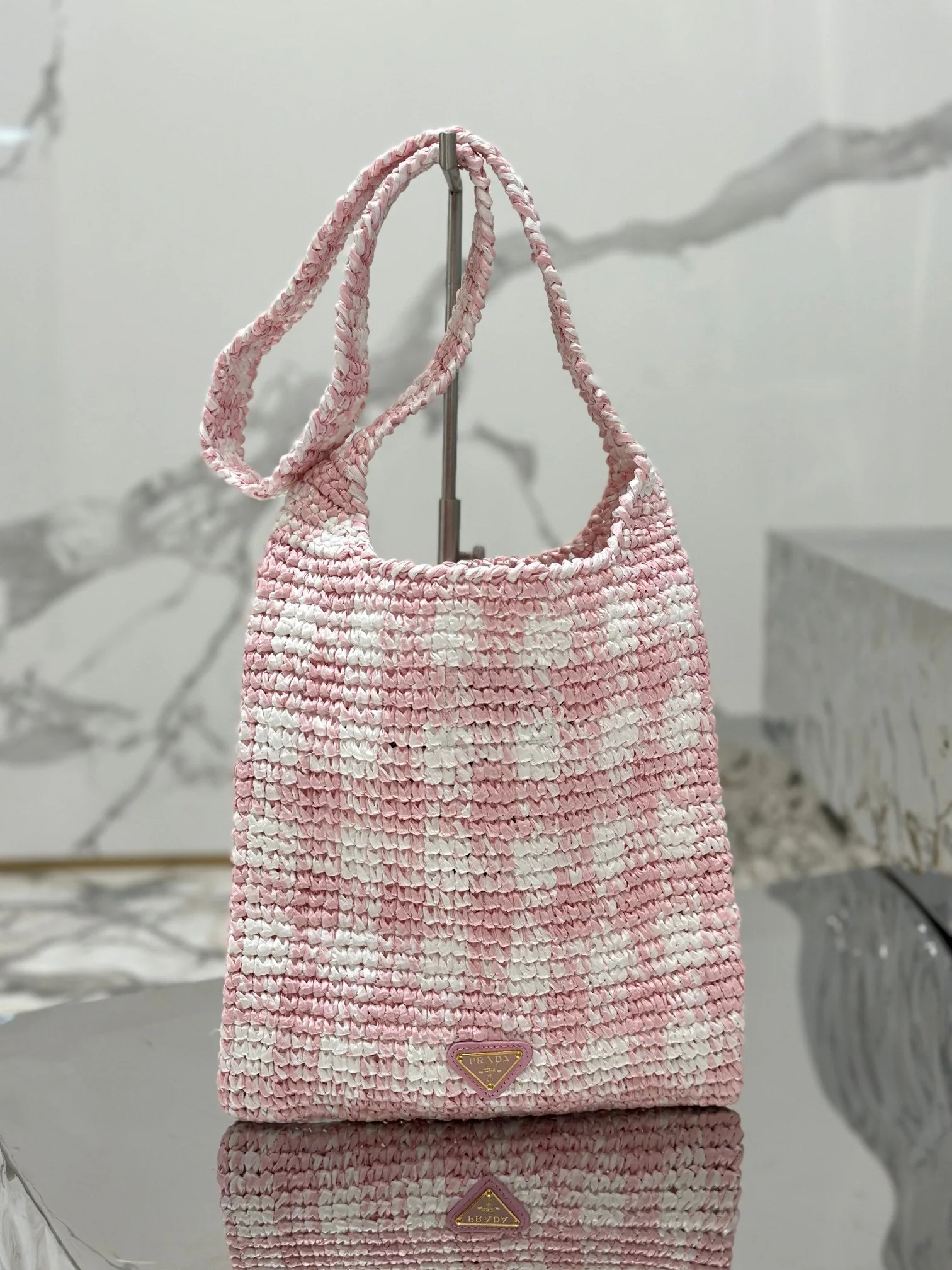 Prada SMALL TOTE BAG 29 IN PINK MIX WHITE AND BLACK WOVEN RAFFIA