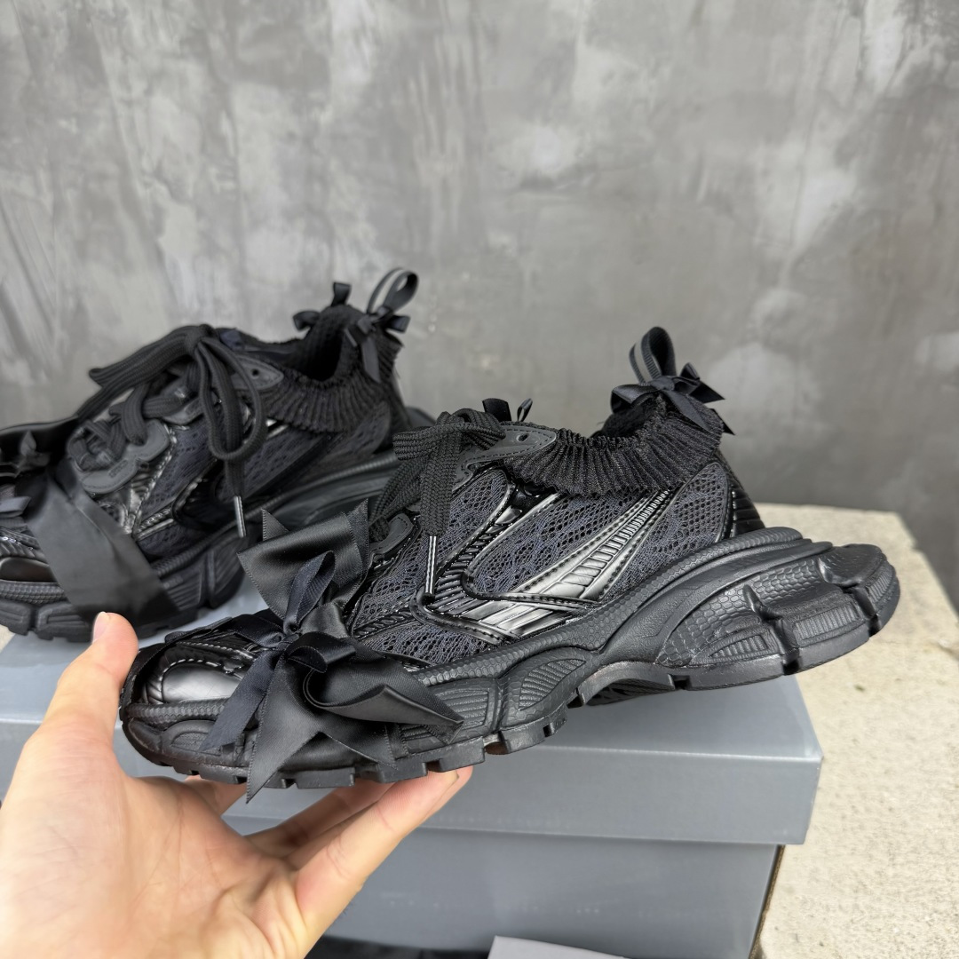 Balenciaga 3XL Black Lace Mesh Satin Ribbon Bow Ruffle Trim Oversized Chunky Sneaker - KAIROO