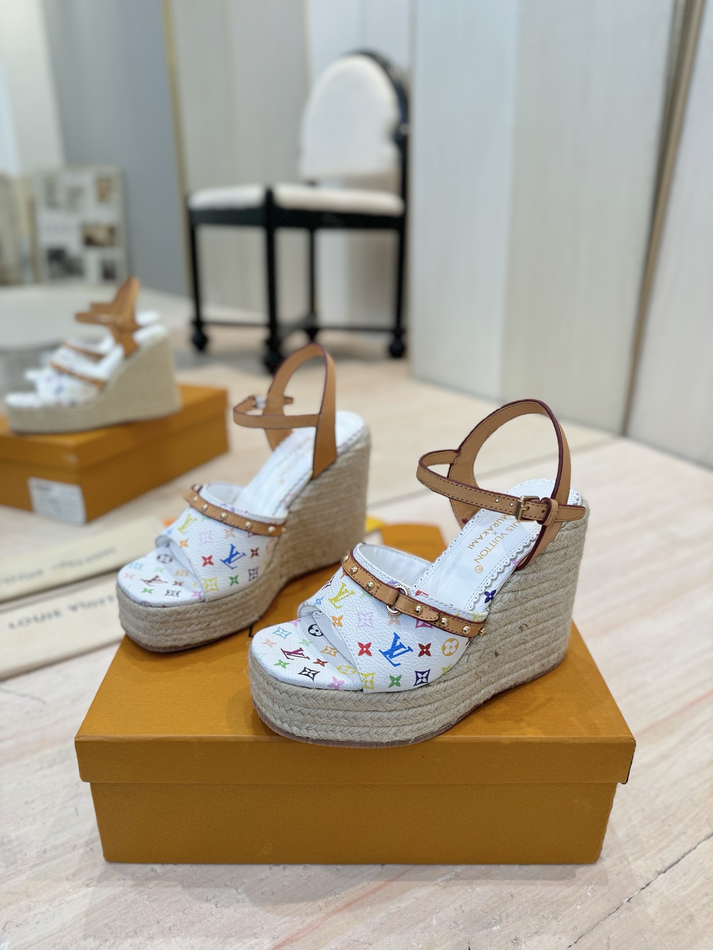 Louis Vuitton × Takashi Murakami Multicolor White Studded Ankle Strap Jute Wedge Platform Heel Sandals - KAIROO