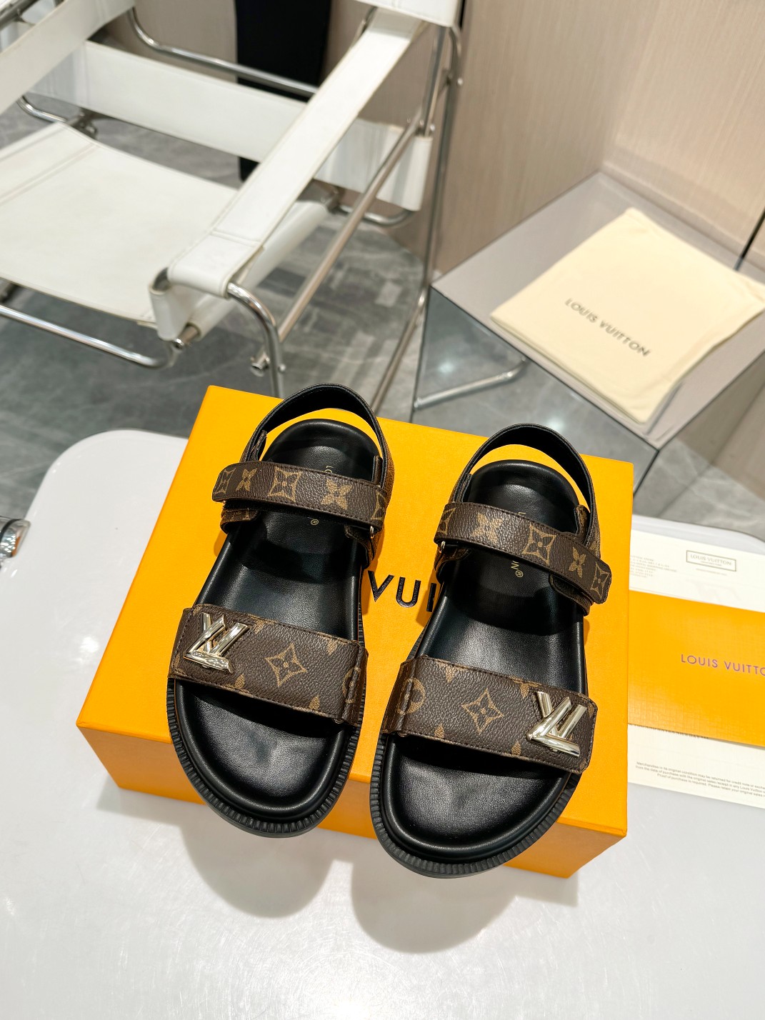 Louis Vuitton Monogram Canvas & Denim &Leather Isle Double Strap Hook LV Logo Slides Sandals - KAIROO