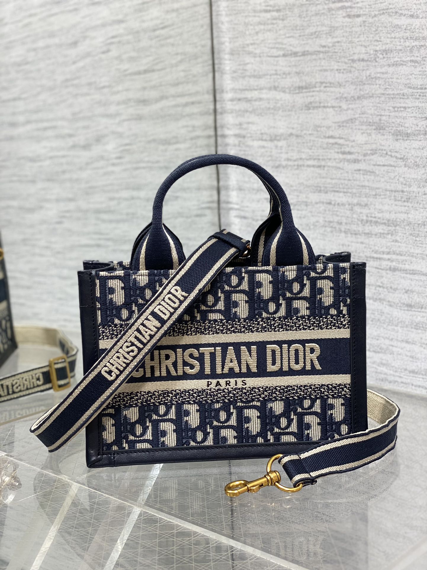 Dior Embroidered Canvas Mini Book Tote with shoulder strap