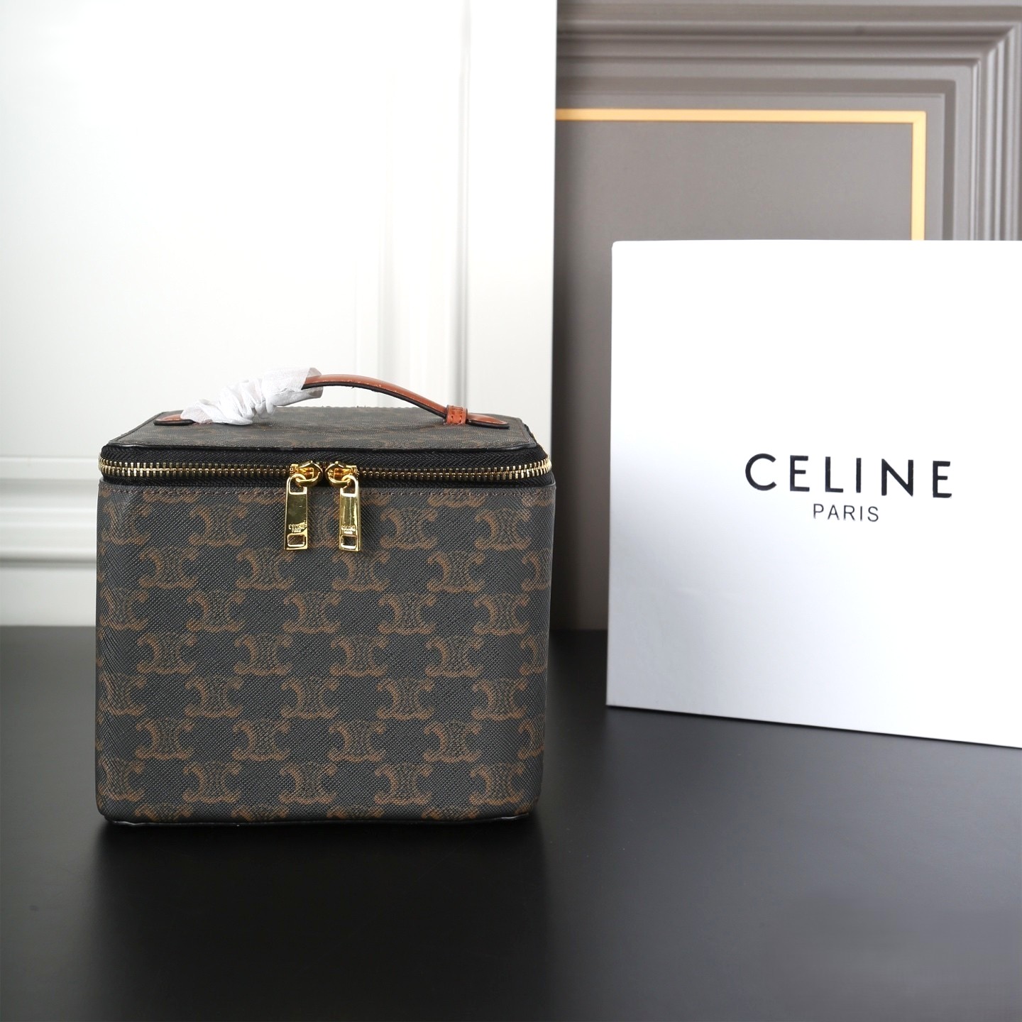 Celine Small/Mini Triomphe Canvas Leather Trim Zip Around Square Top Handle Vanity Case Bag - KAIROO