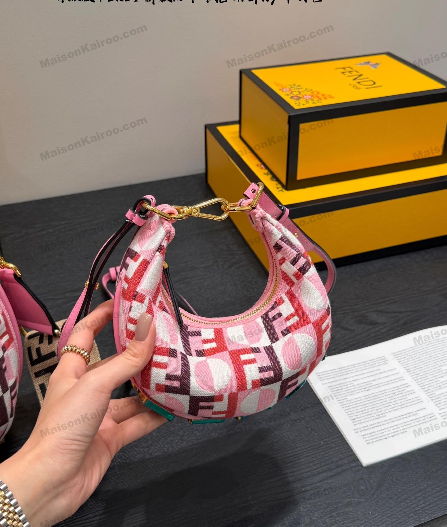 Fendi Fendigraphy FF Mini & Small White Base Pink Circle Print Bottom Logo Shoulder Bag - KAIROO
